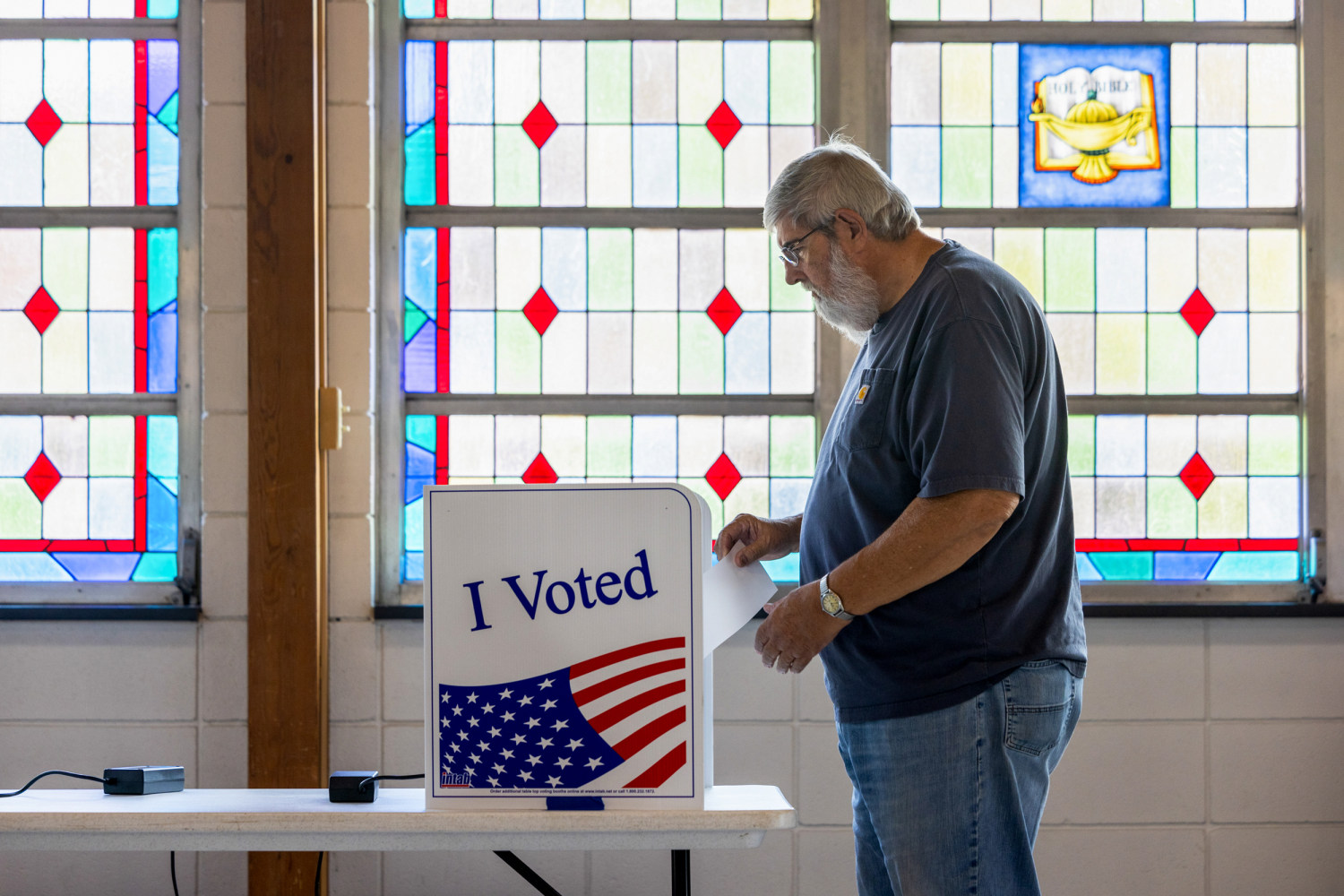 A voter casts their ballot at a polling location inside Saint James Lutheran Church during a special primary election in Lexington, South Carolina, US, on Tuesday, Aug. 11, 2026.