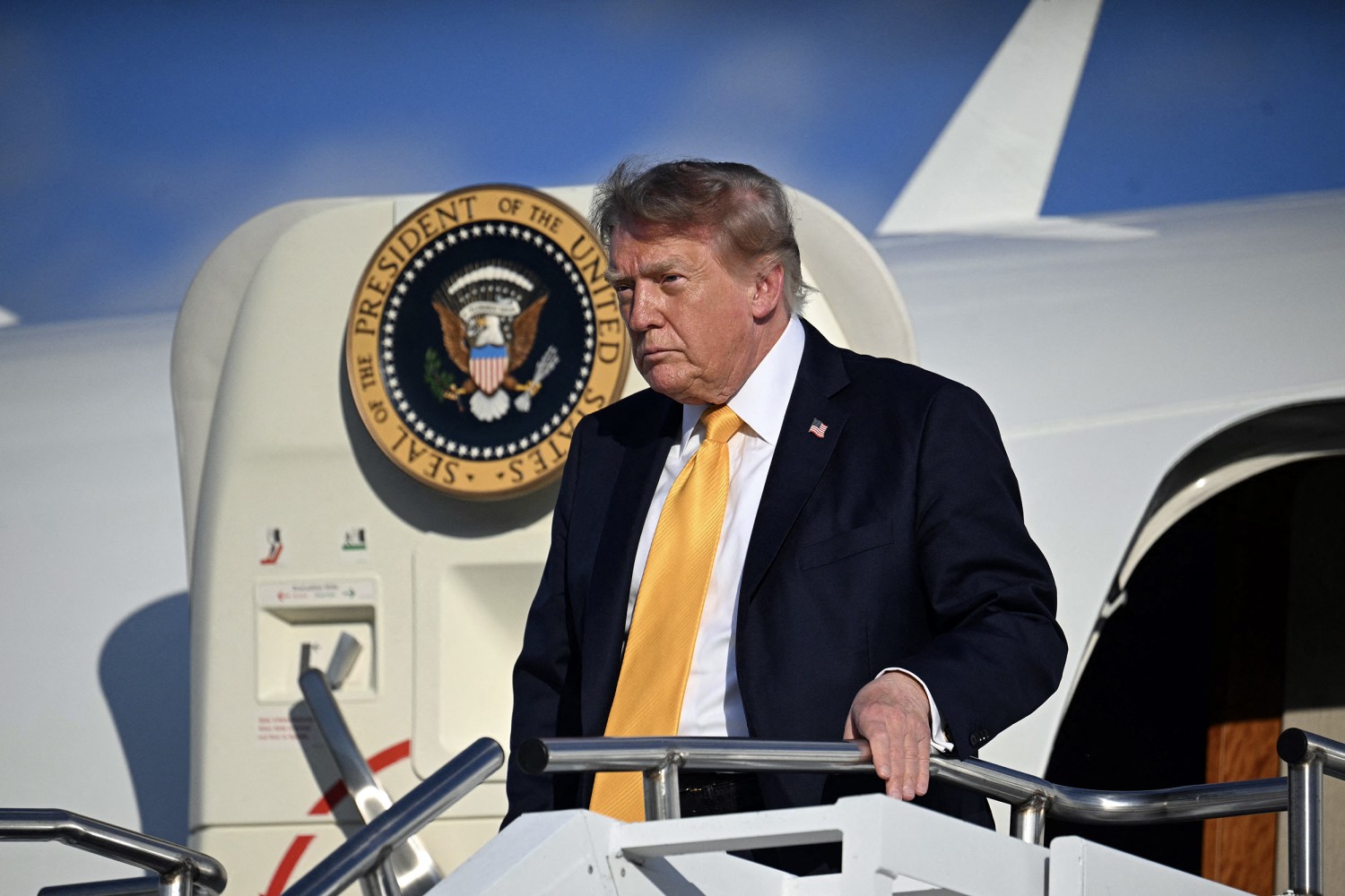 President Donald Trump steps off Air Force One at Morristown Municipal Airport in Morristown, New Jersey on Sept. 4, 2026.