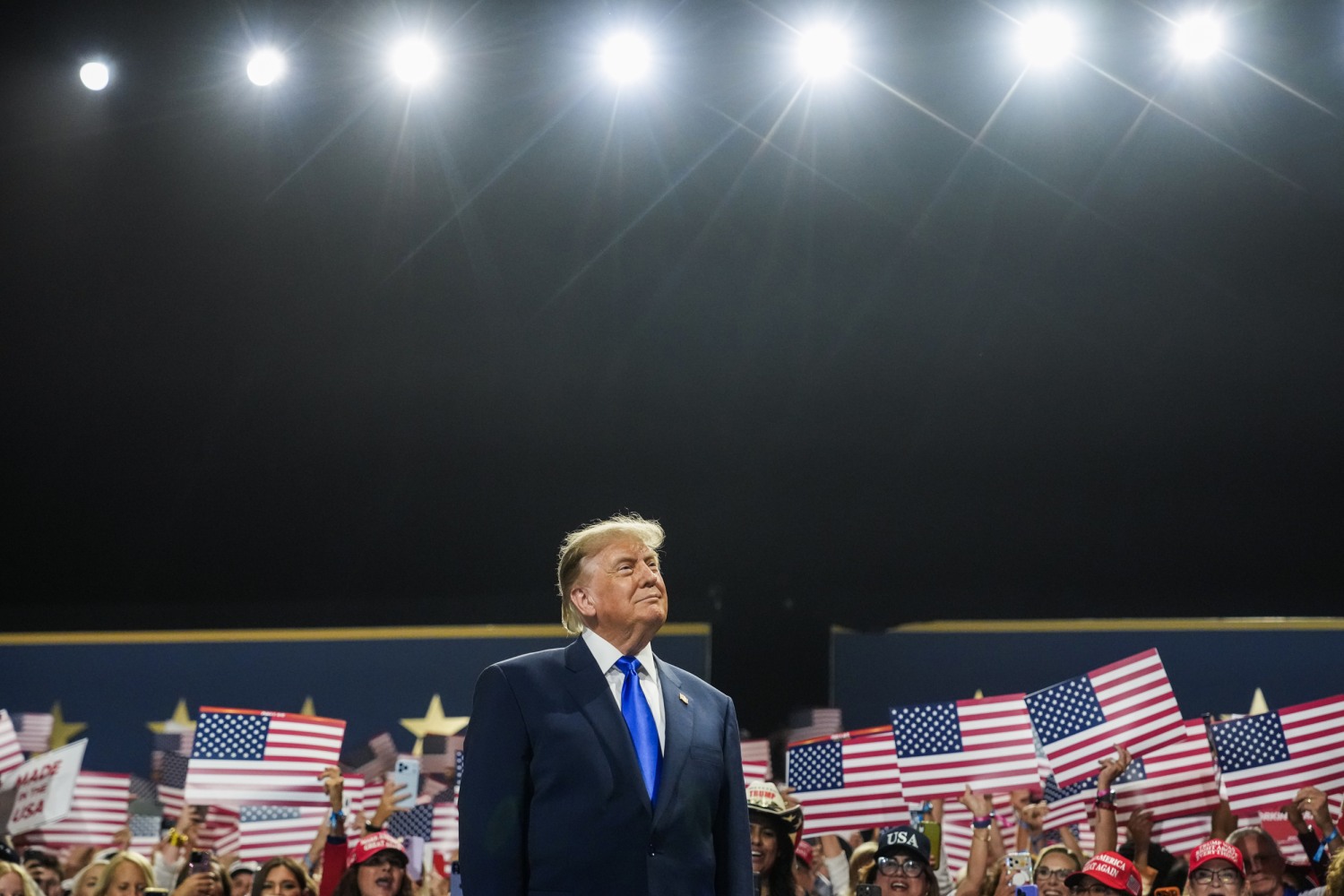 U.S. President Donald Trump walks on stage to speak on the first day of the 2026 Republican National Convention at the American Airlines Center on September 09, 2026 in Dallas, Texas.