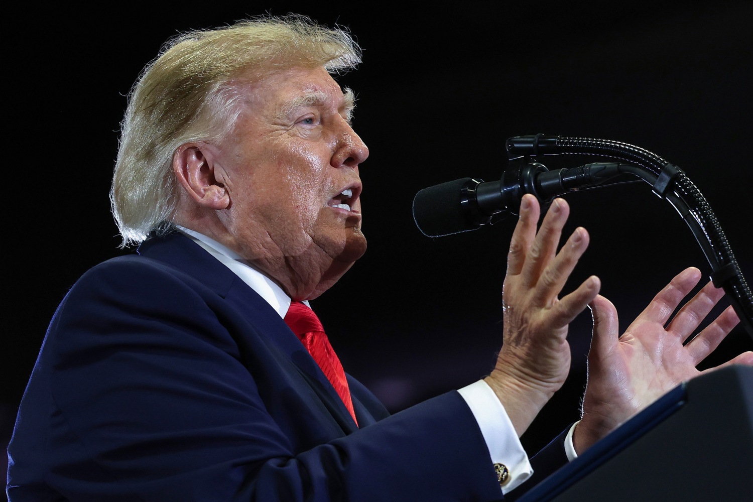 U.S. President Donald Trump speaks during a campaign rally with Oklahoma Republican gubernatorial candidate Mike Mazzei at the Choctaw Event Center on October 01, 2026 in Durant, Okla.