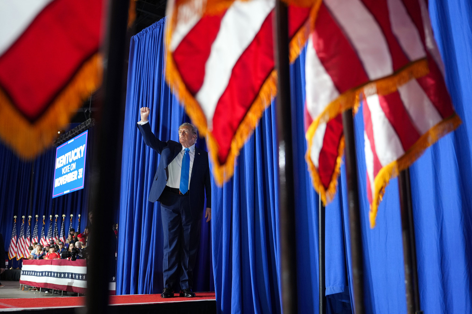 President Donald Trump waves as he departs after delivering remarks during a midterm rally at Truist Arena on the Northern Kentucky University campus on October 17, 2026 in Highland Heights, Kentucky.
