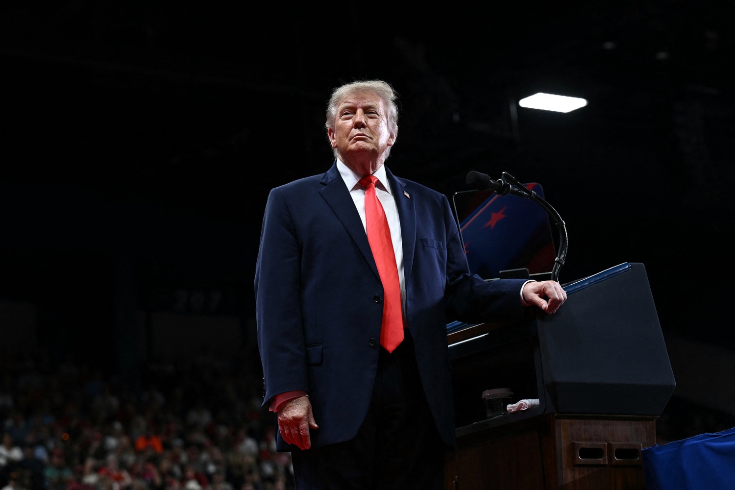 US President Donald Trump pauses as he speaks at a midterm campaign rally at the Ocean Center in Daytona Beach, Florida on October 30, 2026.