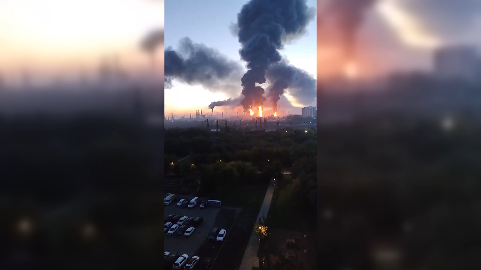 Video published by Ukraine's president shows a Moscow oil refinery on fire early Sunday.