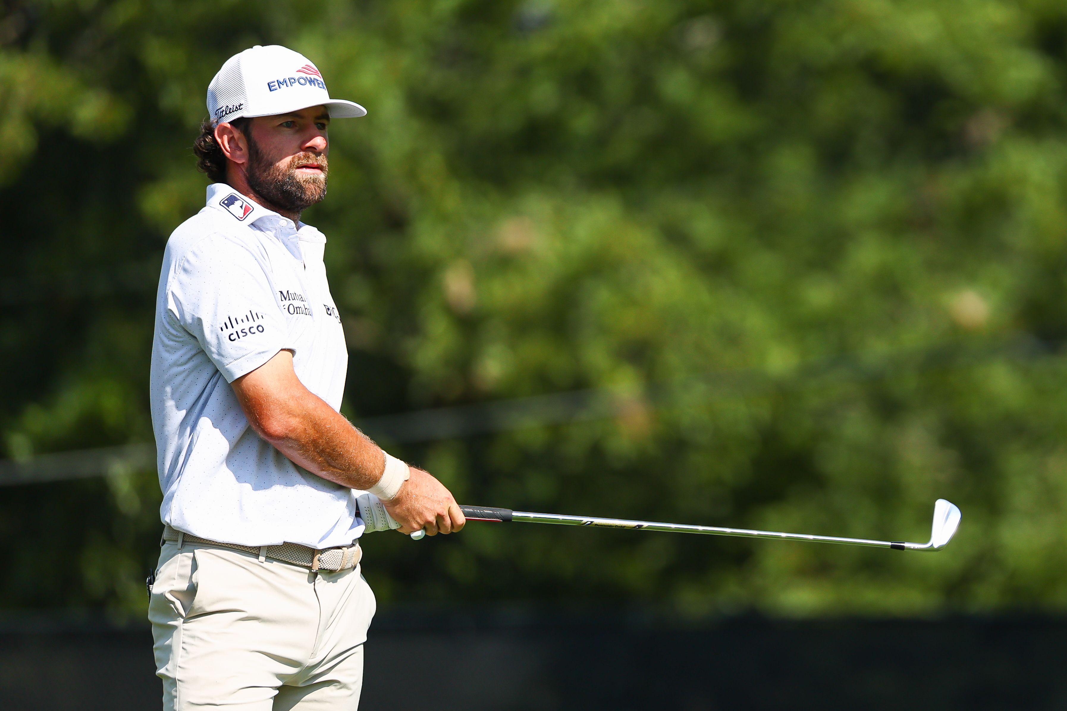 Cameron Young watches his shot from the fairway on the first hole during the second round of the Tour Championship golf tournament.