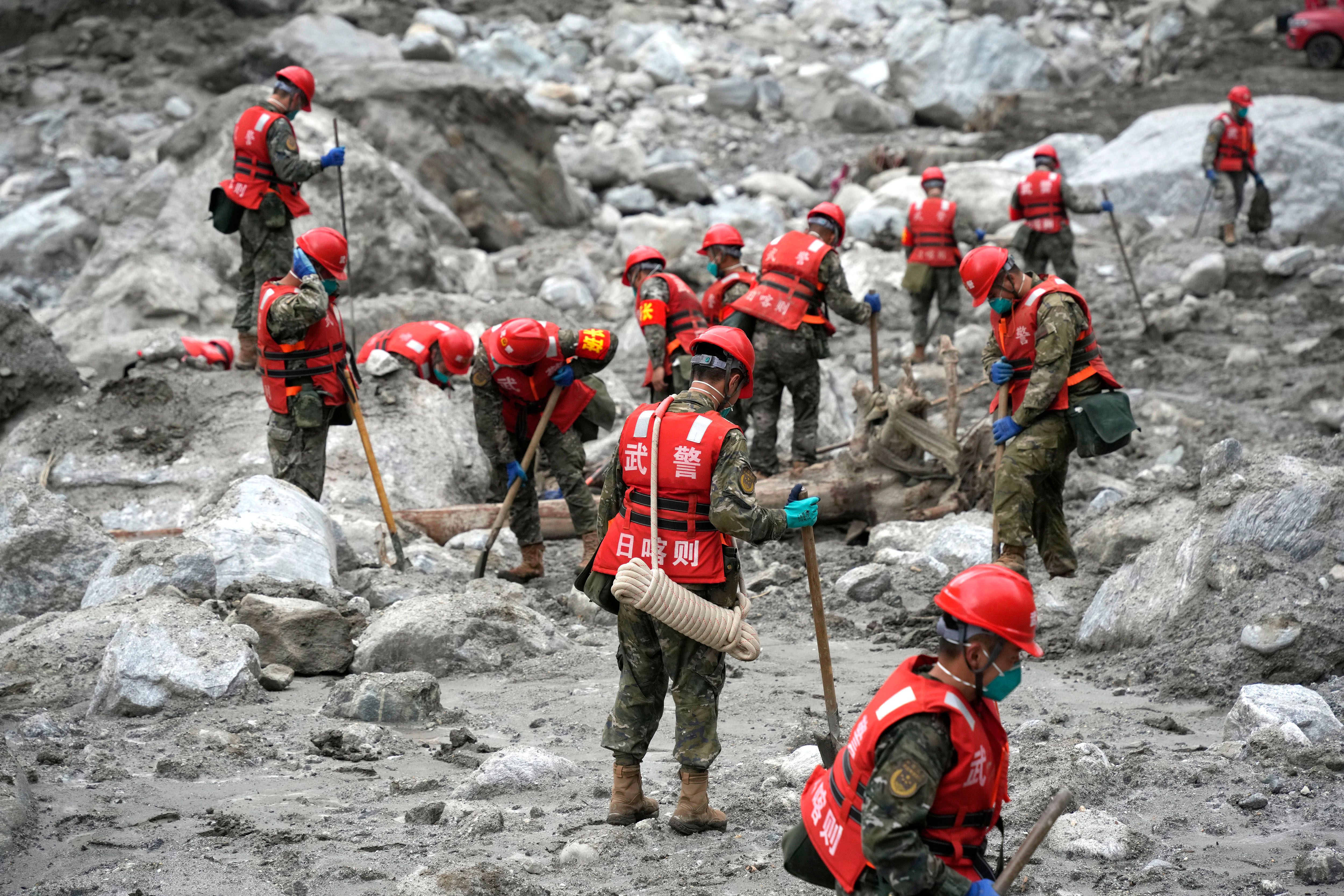 Rescue personnel conduct search and rescue operations in the core zone at Gyirong Port in Xizang Autonomous Region of China, on September 2, 2026.