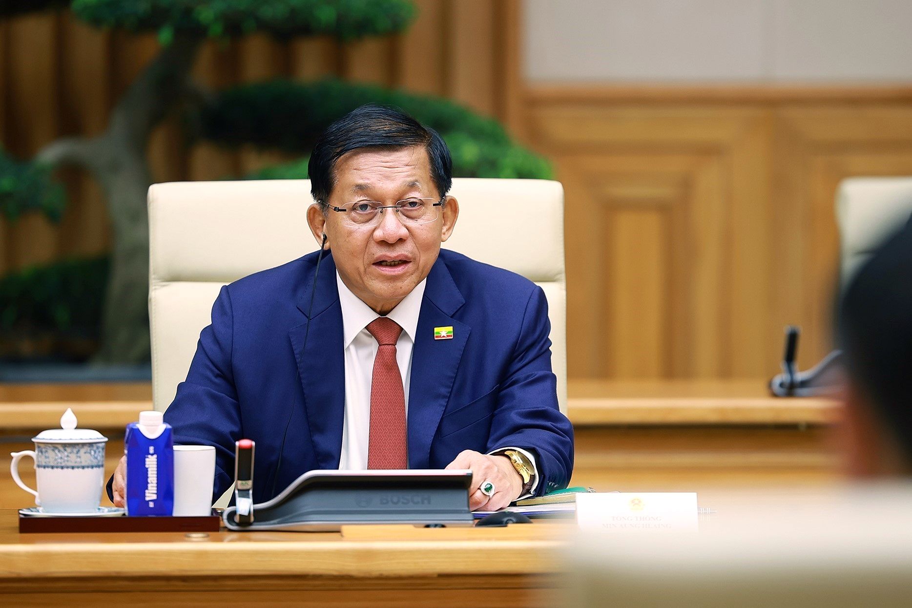 Myanmar President Min Aung Hlaing speaks during his meeting with Vietnam Prime Minister Le Minh Hung in Hanoi, Vietnam, Saturday Sept. 5, 2026.