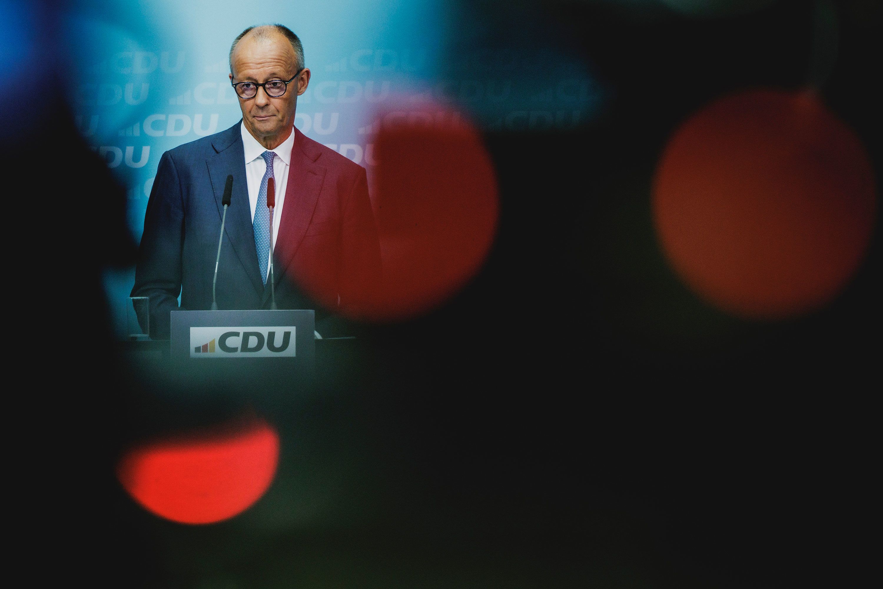 German Chancellor Friedrich Merz speaks at a press conference in Berlin on September 7, following the Saxony-Anhalt state election.