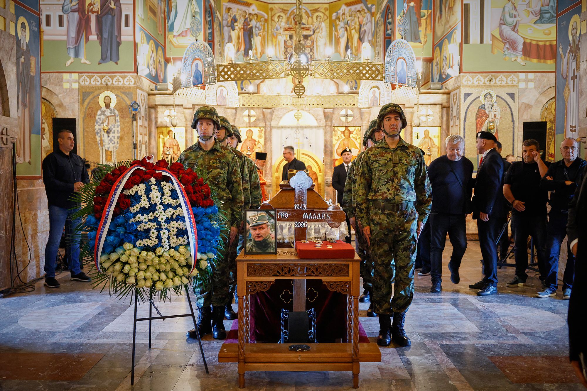 Serbian national military servicemen stand around the coffin of the former Bosnian Serb army commander Ratko Mladic at the Church of St. Luke, in Belgrade, Serbia, on Monday.