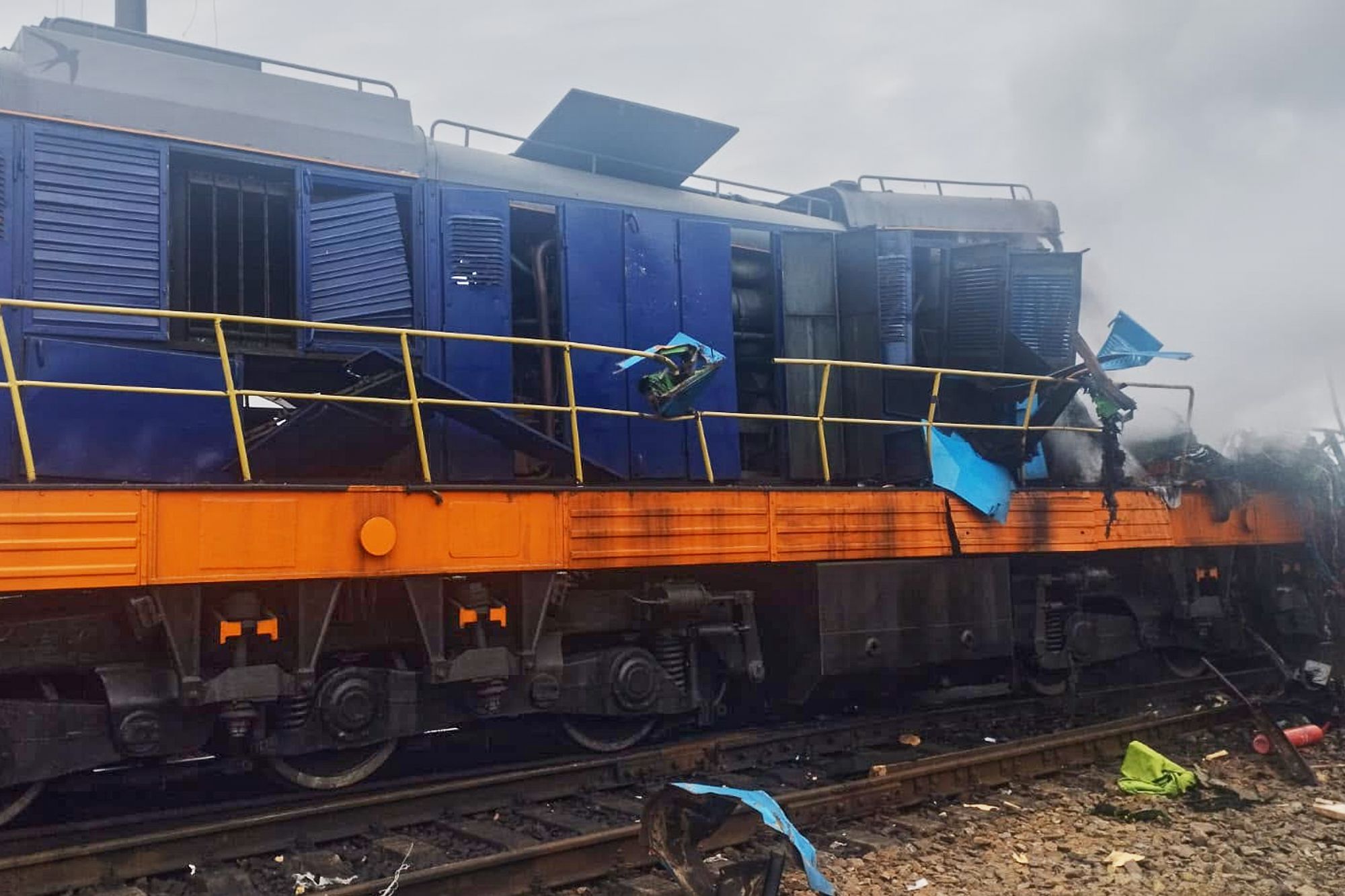 A locomotive damaged in a Russian drone attack on Sunday at Yahodyn railway station near Ukraine's border with Poland.