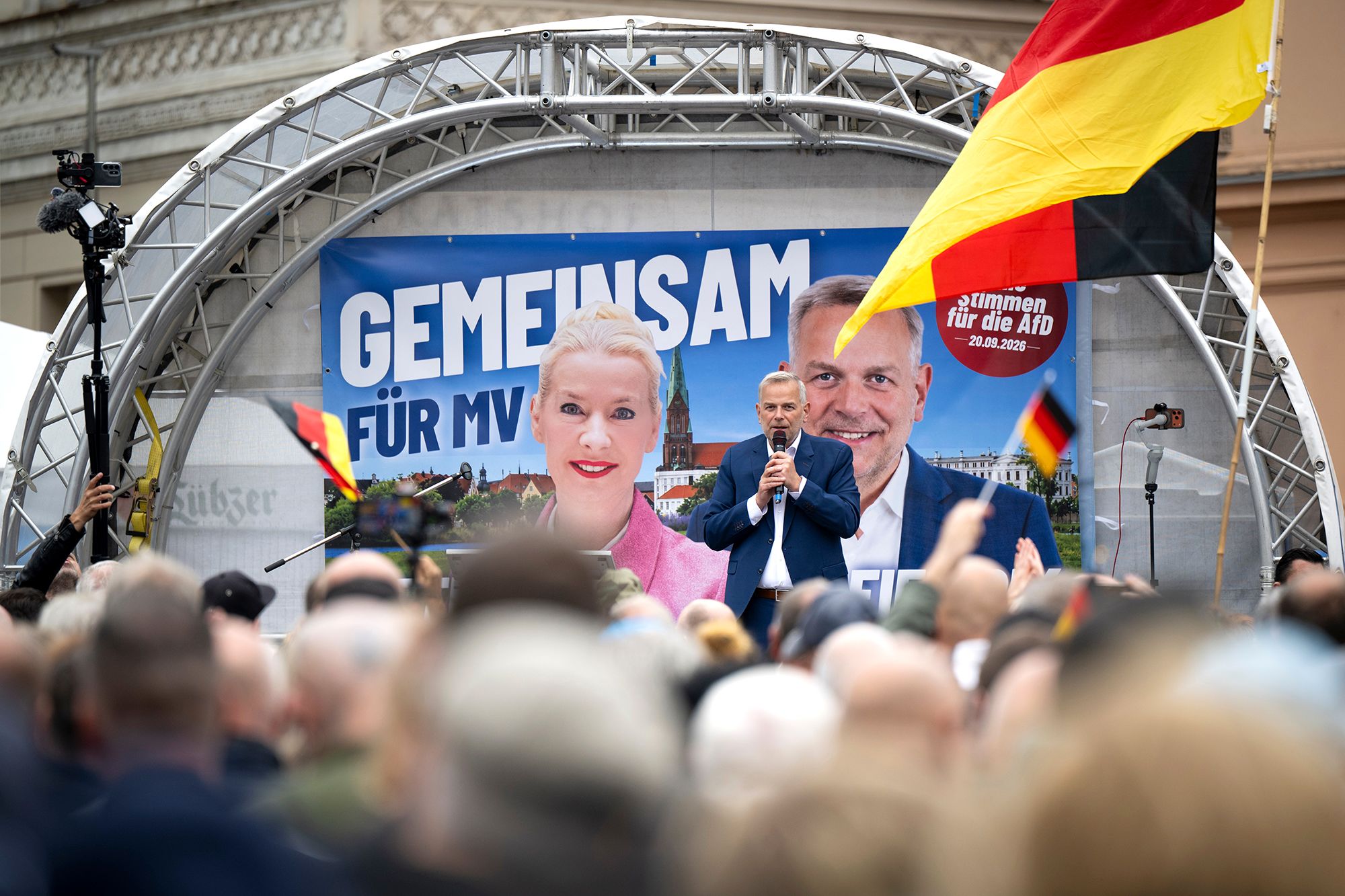 Leif-Erik Holm, the AfD candidate for minister-president in the state election in Mecklenburg-Western Pomerania, speaks at a campaign rally in northern Germany on September 19.