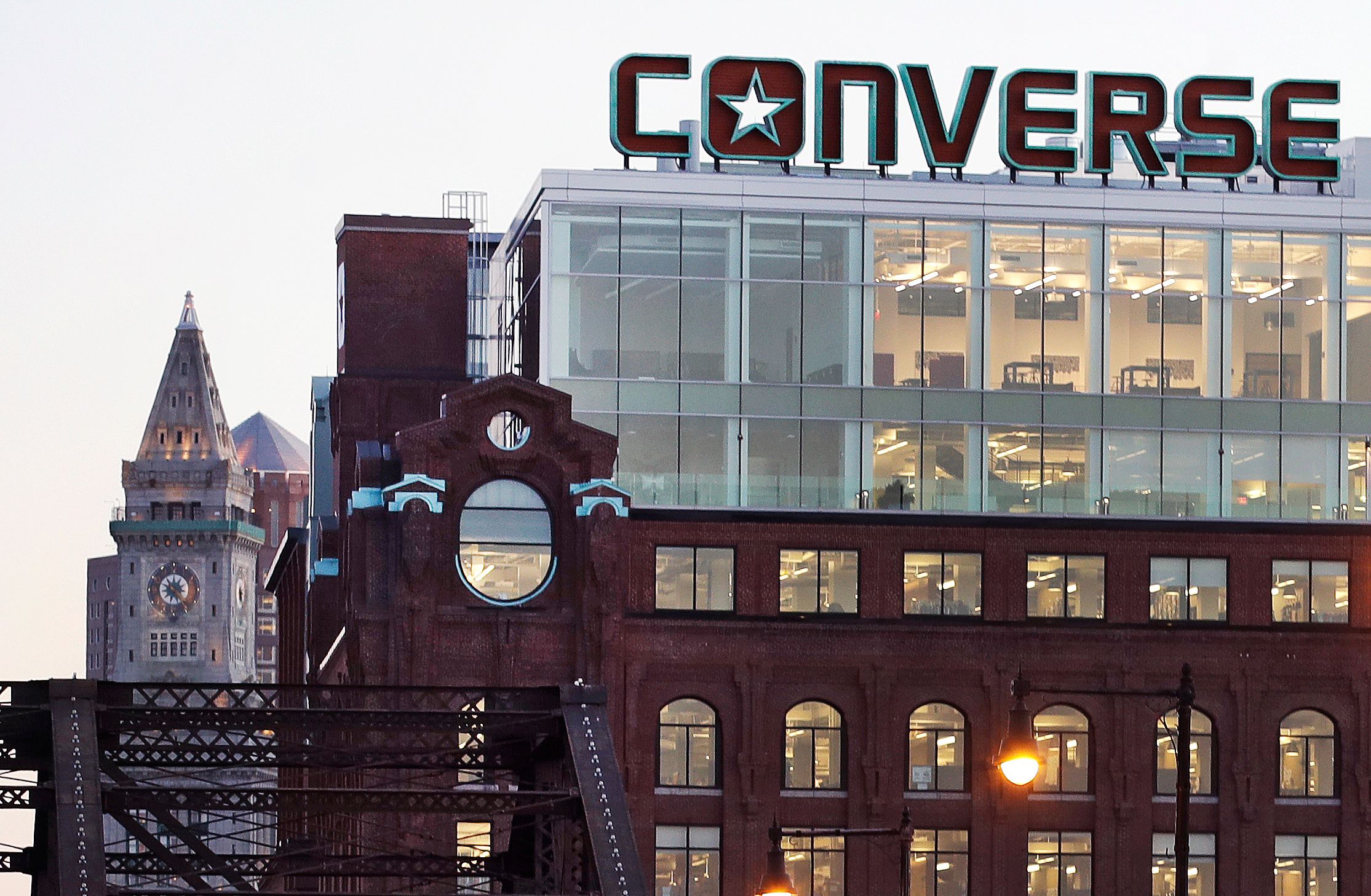 The Converse logo is displayed on the roof of the company's world headquarters in the West End neighborhood of Boston,