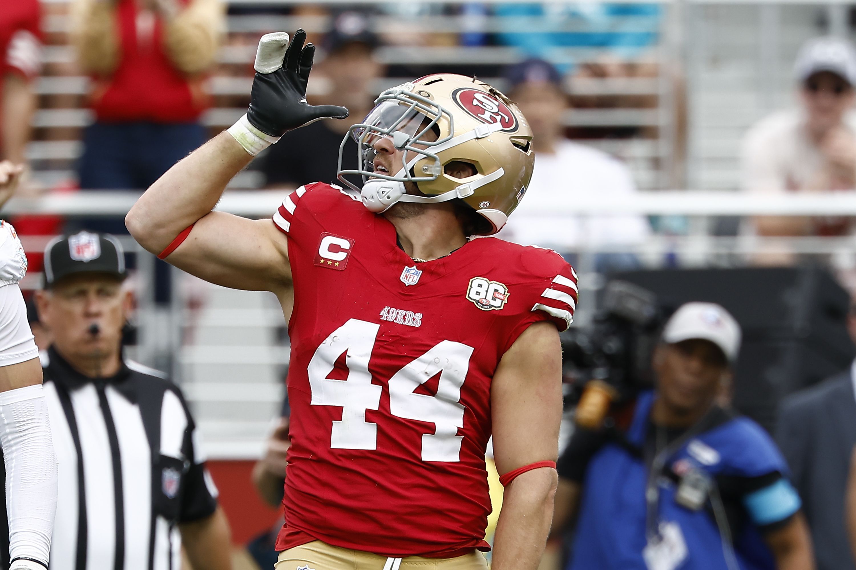 San Francisco 49ers fullback Kyle Juszczyk (44) gestures after a play against the Miami Dolphins during the second half an NFL football game in Santa Clara, Calif., Sunday, Sept. 20, 2026. (AP Photo/Kelley L Cox)