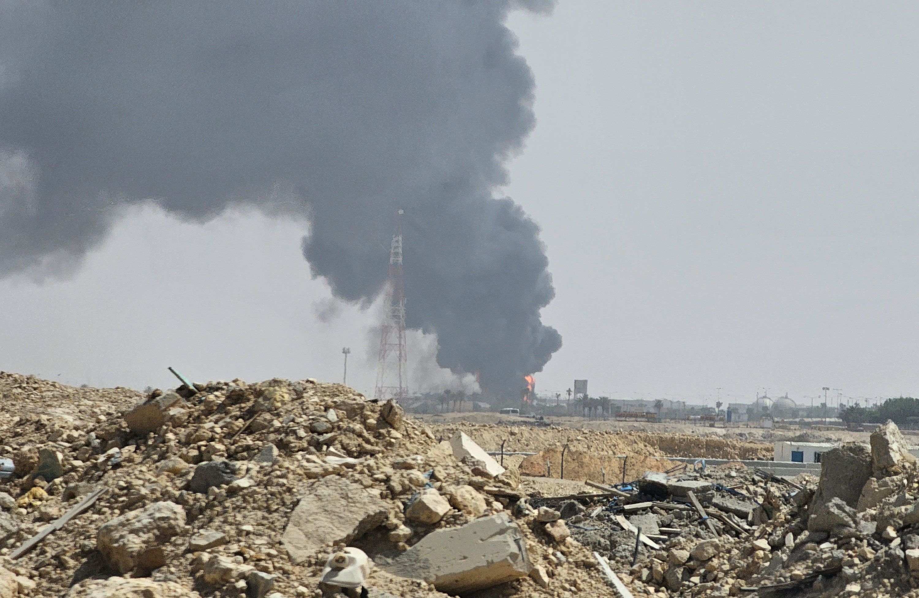 Black smoke and flames rise from an oil facility in an industrial area in southern Riyadh, Saudi Arabia, on October 3, 2026.