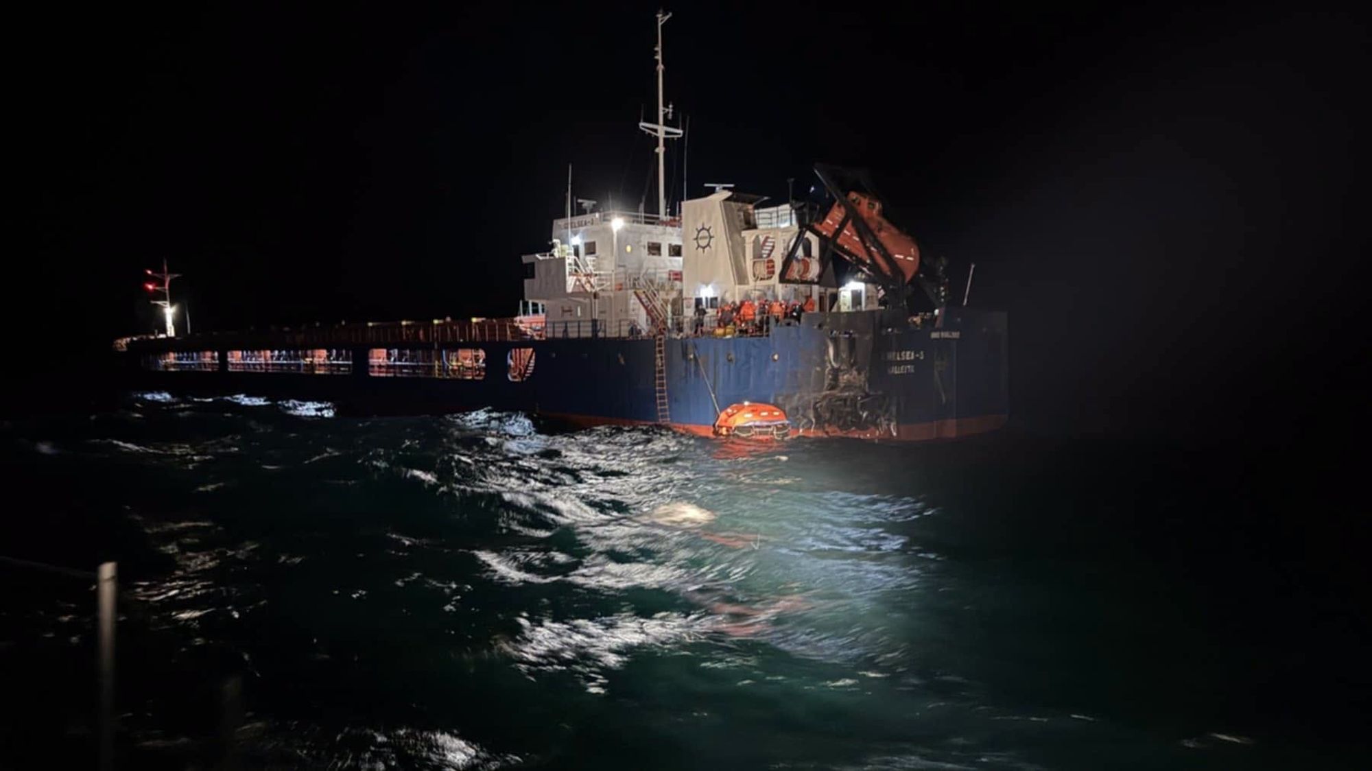 This photo released by the Bulgarian Interior Ministry, shows Chelsea 3 ship during a rescue operation after it was hit by drones near Byala, Bulgaria, Tuesday, Oct. 13, 2026. (Bulgarian Interior Ministry via AP)