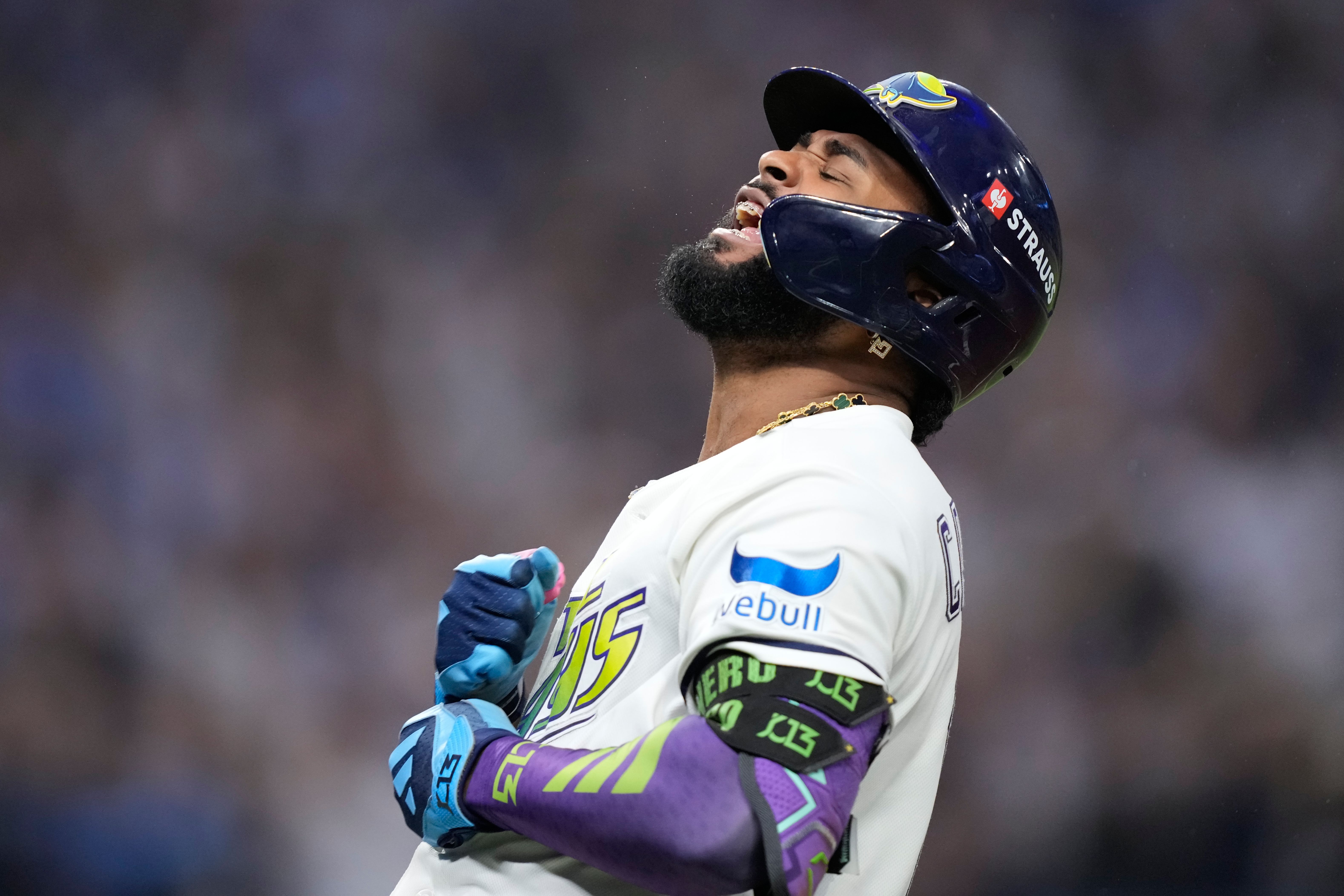 Tampa Bay Rays' Junior Caminero celebrates his seventh-inning home run that sealed a trip to the World Series for his team.