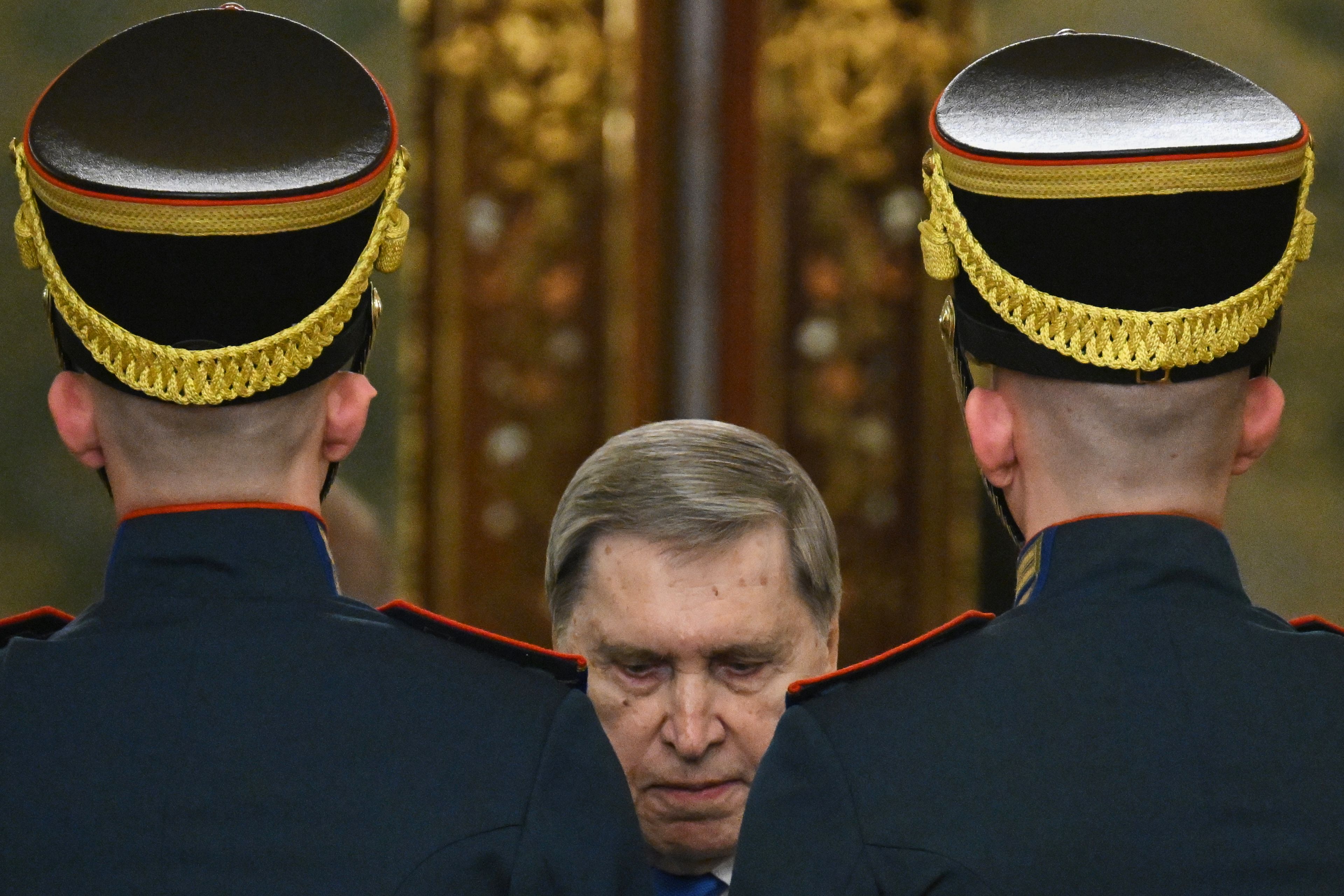 Russian presidential aide Yuri Ushakov enters a hall for a meeting between Russian President Vladimir Putin and Iranian President Masoud Pezeshkian on the sidelines of the Summit of Heads of State and Government of the Gas Exporting Countries Forum (GECF) at the Grand Kremlin Palace in Moscow, Tuesday, Oct. 27, 2026.