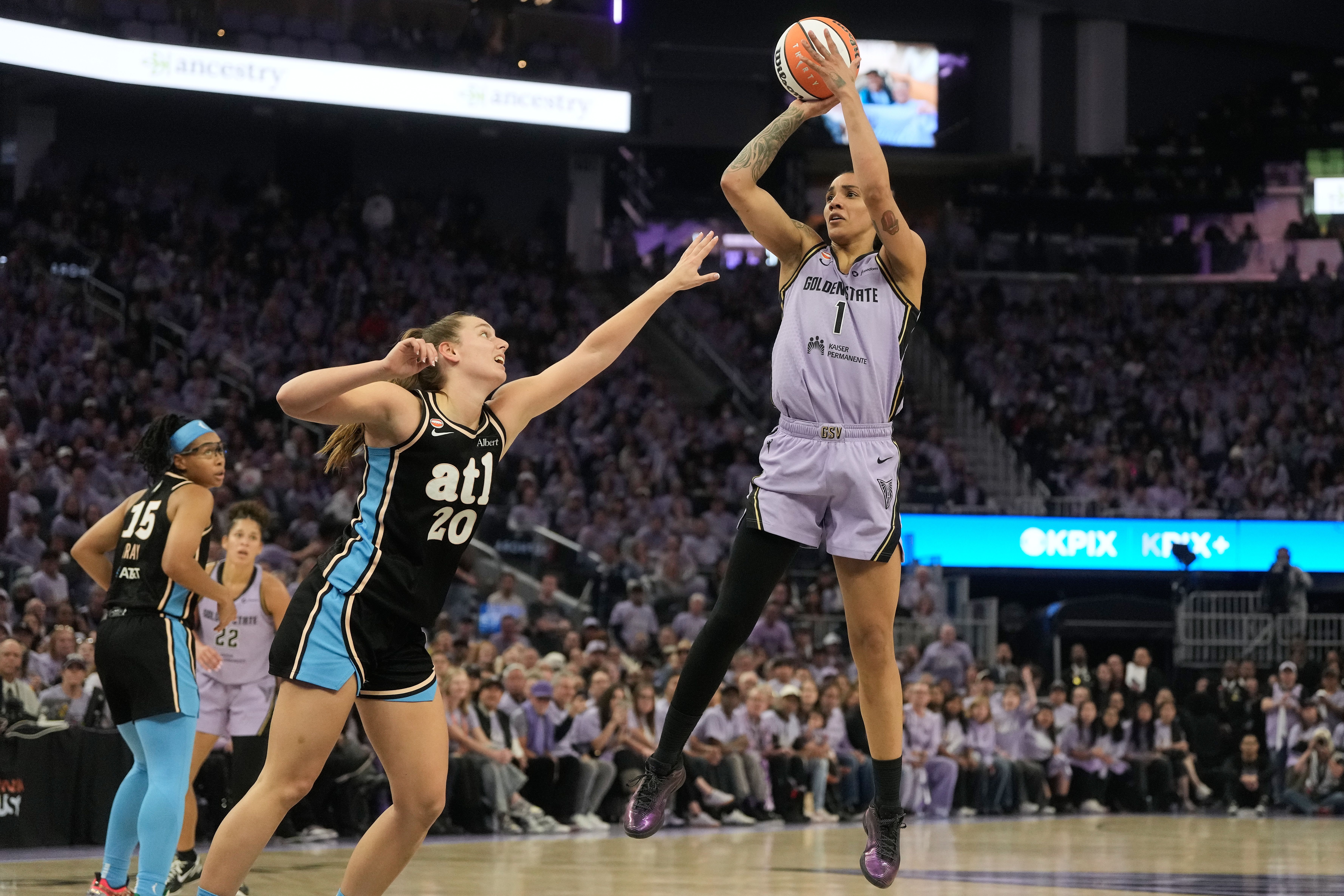 Golden State Valkyries forward Gabby Williams shoots against Atlanta Dream during Game 5 of the WNBA finals on Monday in San Francisco.