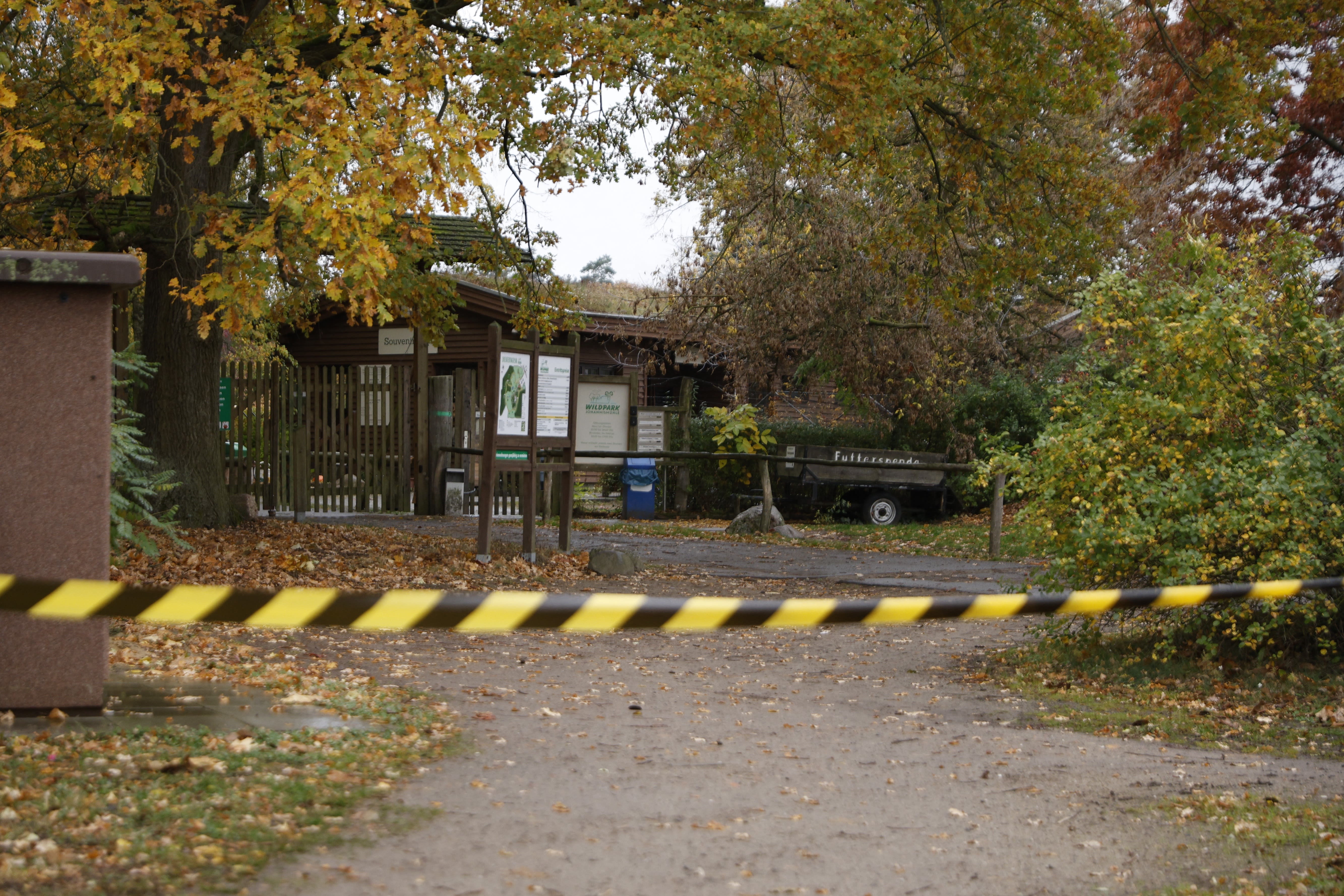 Following a wolf's attack on a child, the entrance to the Johannesmuehle Wildlife Park has been cordoned off with barrier tape in Baruth north of Berlin, Germany, on Wednesday, Oct. 28.