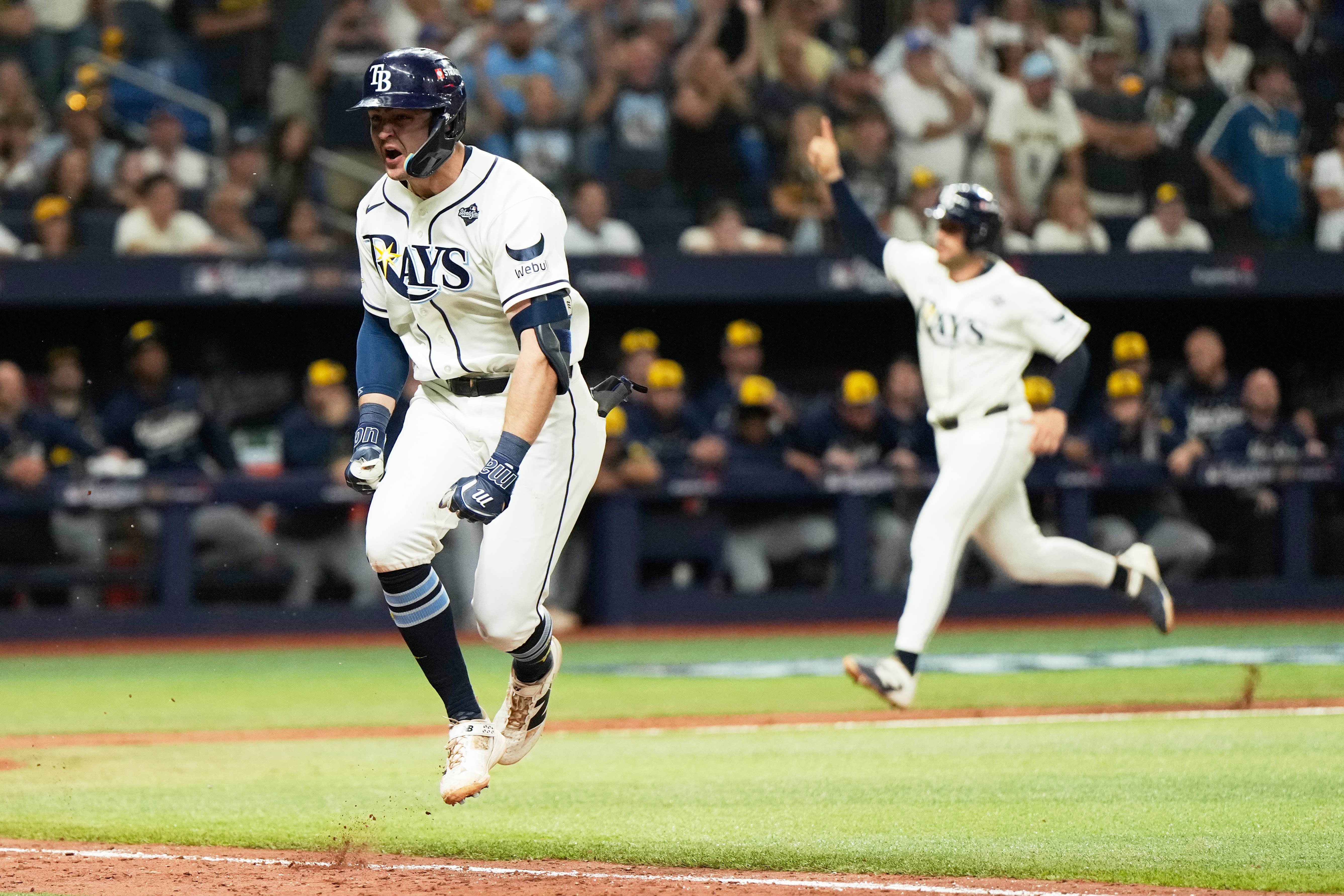 Tampa Bay Rays' Ben Williamson celebrates the game winning hit during the 12th inning of Game 4 of baseball's World Series, Wednesday, Oct. 28, 2026, in St. Petersburg, Fla., between the Milwaukee Brewers and the Tampa Bay Rays. (AP Photo/Ashley Landis)