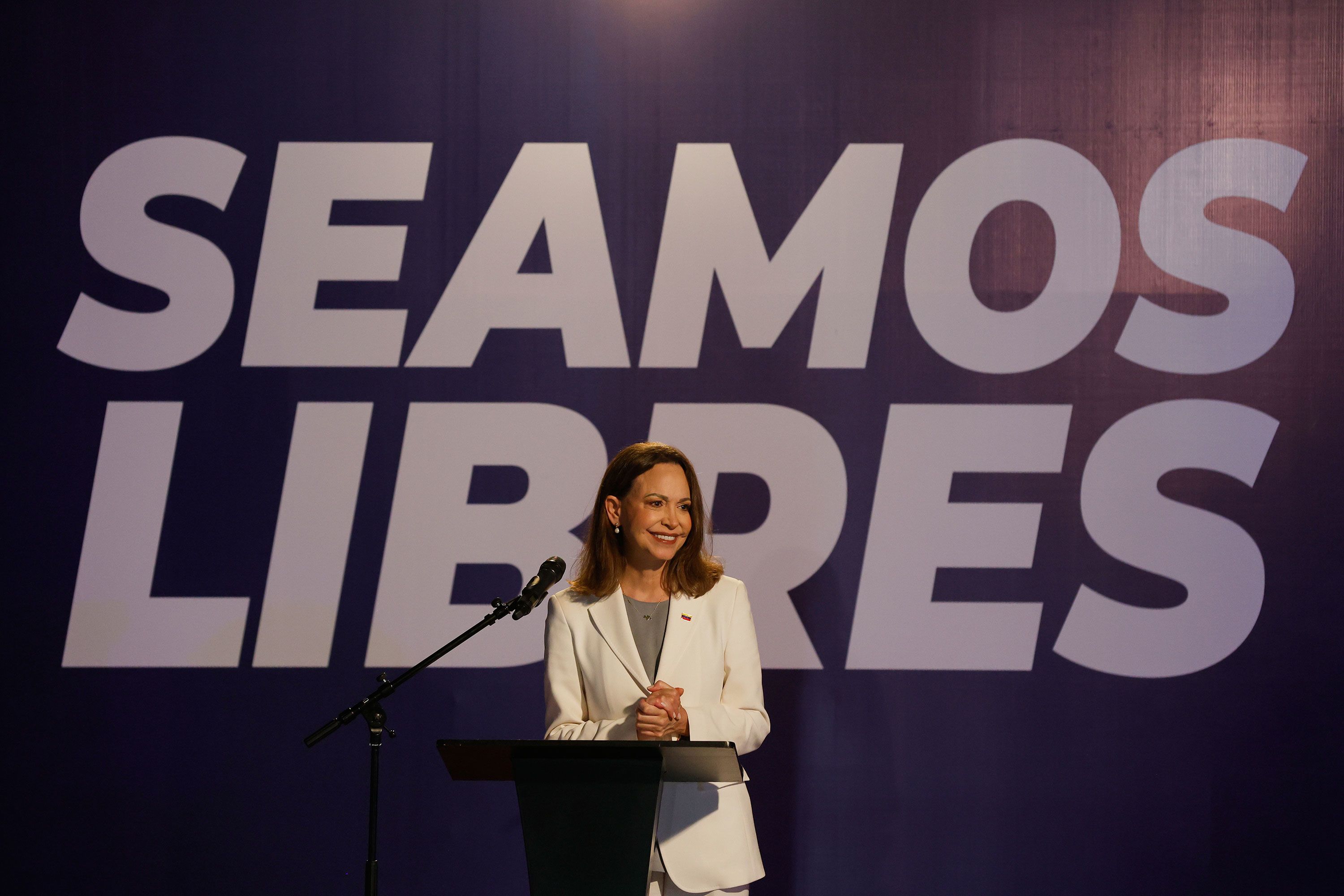 Venezuelan opposition leader María Corina Machado holds a press conference in Caracas, Venezuela, on Thursday.