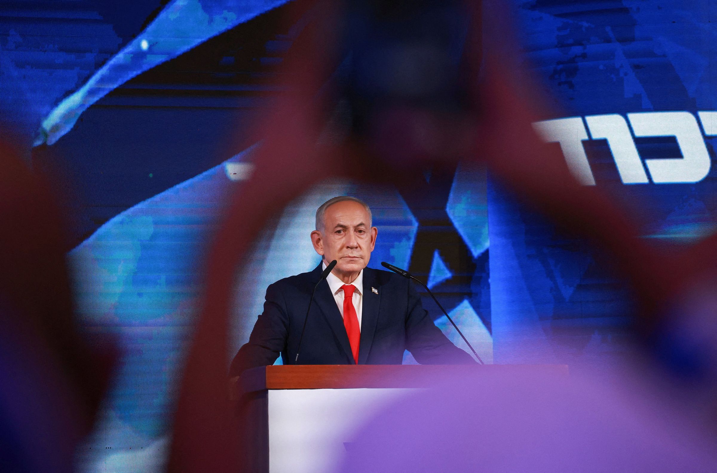 Israeli Prime Minister and Likud party leader Benjamin Netanyahu reacts to exit polls, at his party headquarters during Israel's national election, in Jerusalem, October 28, 2026.