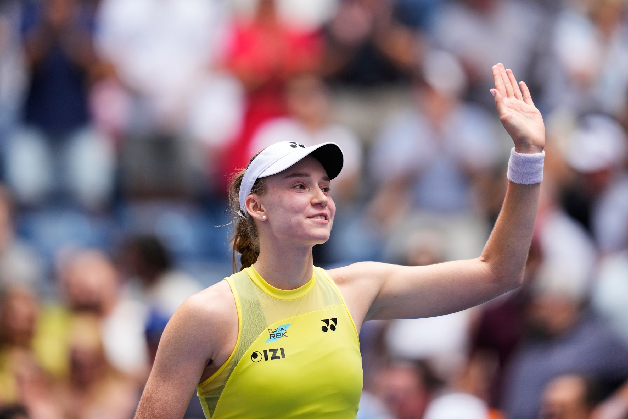 Kazakhstan's Elena Rybakina celebrates defeating China's Zheng Qinwen in the US Open quarterfinals on Wednesday.