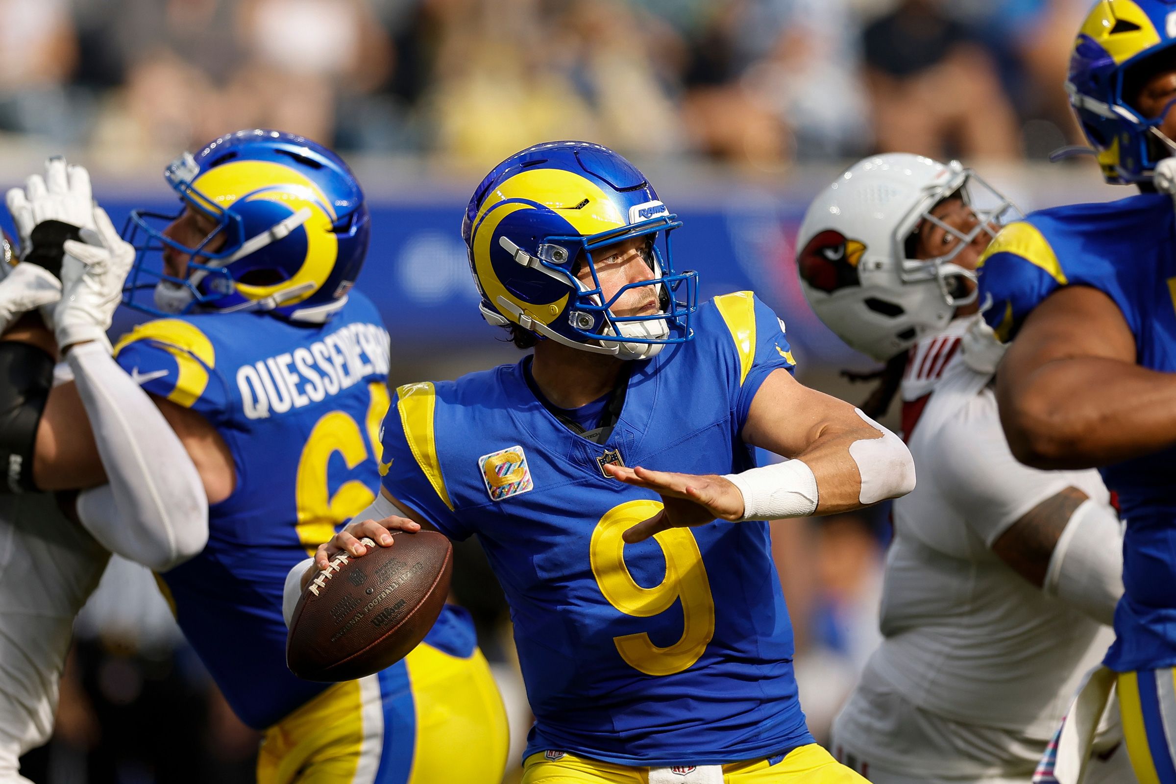 Los Angeles Rams quarterback Matthew Stafford (9) passes against the Arizona Cardinals during the second half of an NFL football game in Inglewood, Calif., Sunday, Oct. 18, 2026.