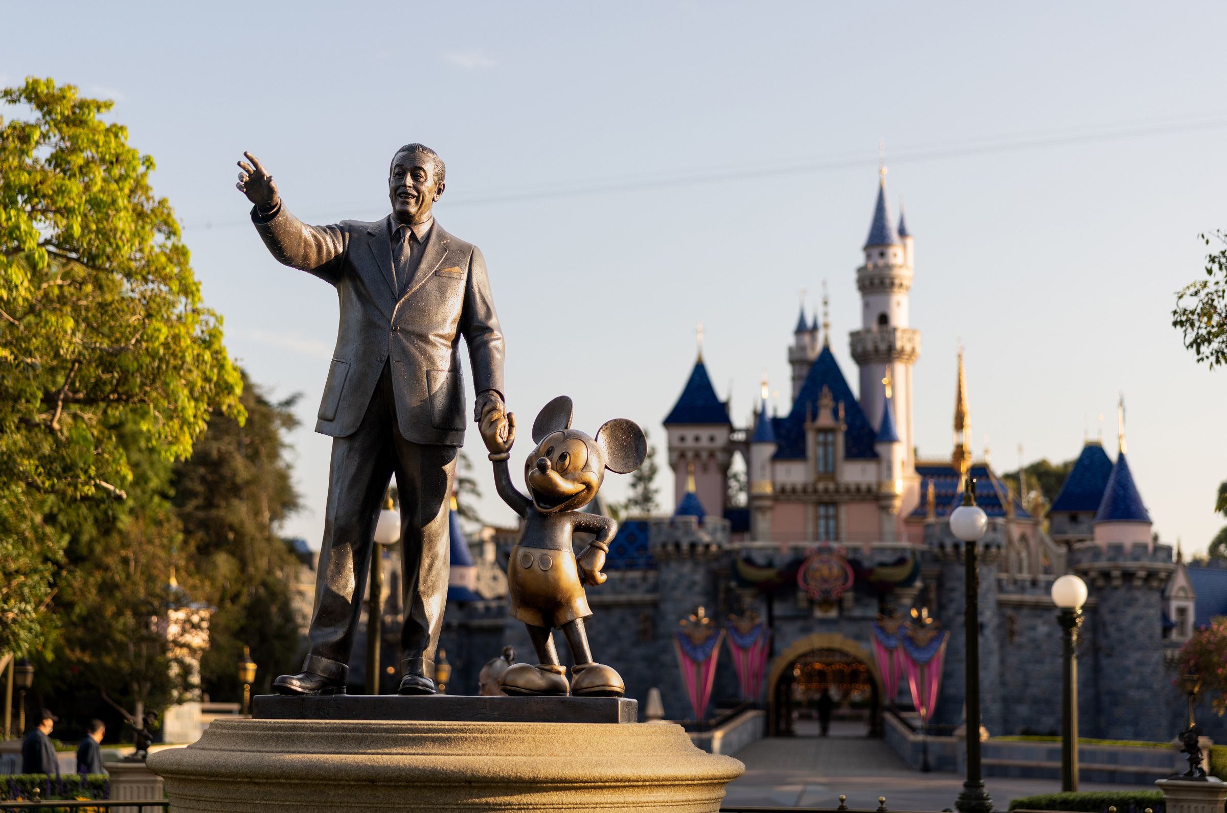 A statue of Walt Disney and Mickey Mouse at Disneyland on August 6, 2026.