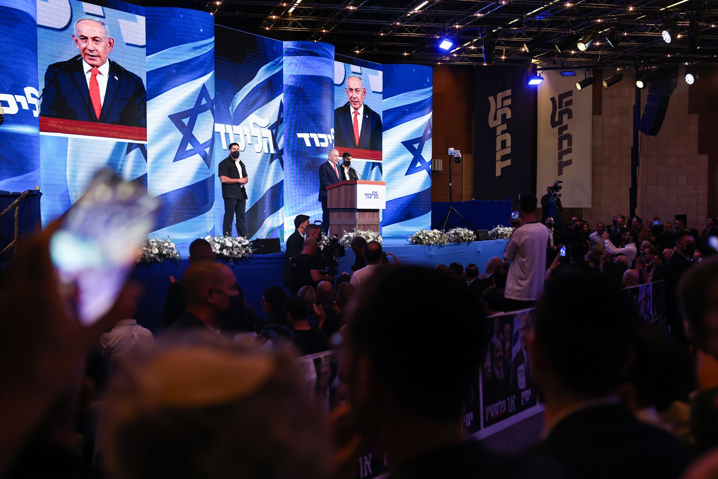 Israeli Prime Minister and Likud party leader Benjamin Netanyahu speaks to supporters at the Likud Party election-night event at the Teddy Hall, International Convention Center on October 28, 2026 in Jerusalem.
