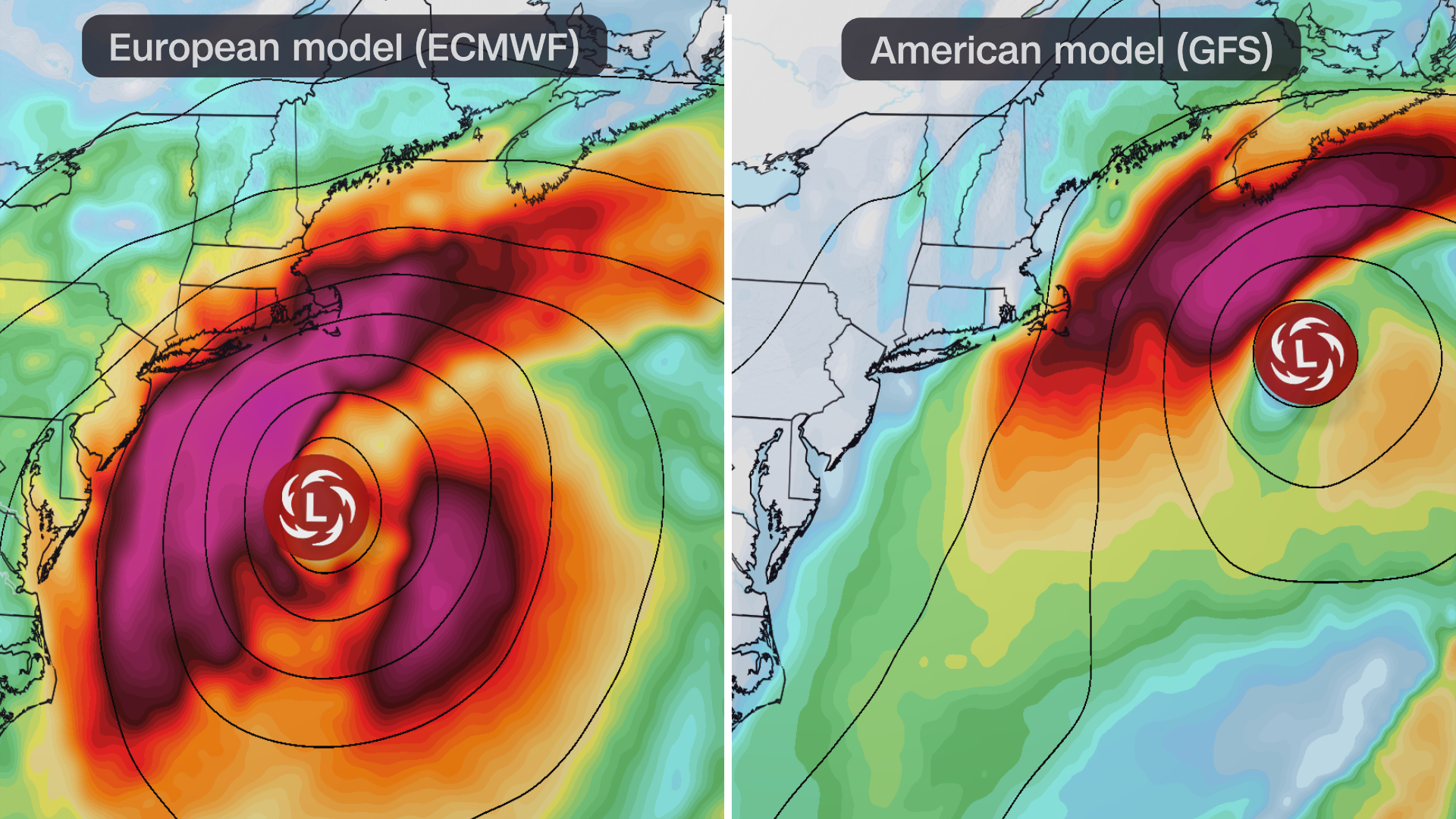 Forecast models show the two main scenarios for a potential nor'easter: closer to and farther from the coast. A snapshot of Saturday is shown.
