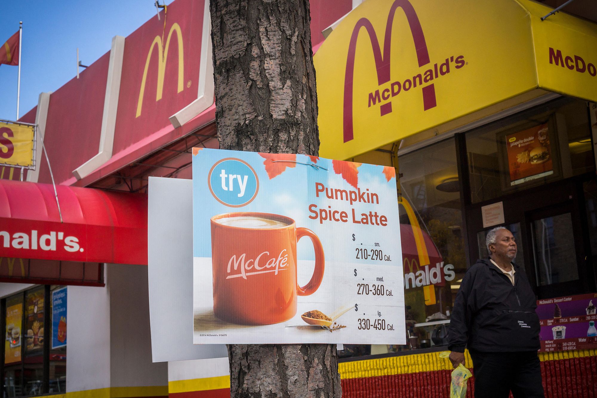 A McDonald's restaurant in New York in Washington Heights in New York advertises their Pumpkin Spice Latte in 2014.