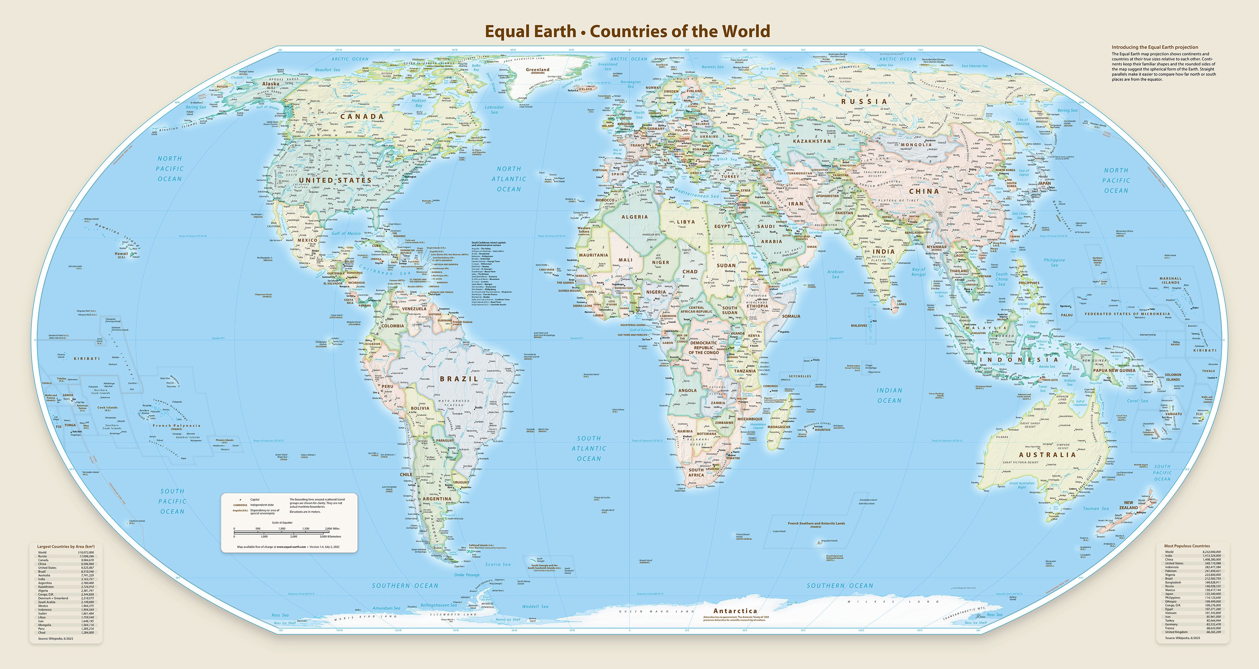 The Equal Earth projection accurately reflects countries' relative sizes.