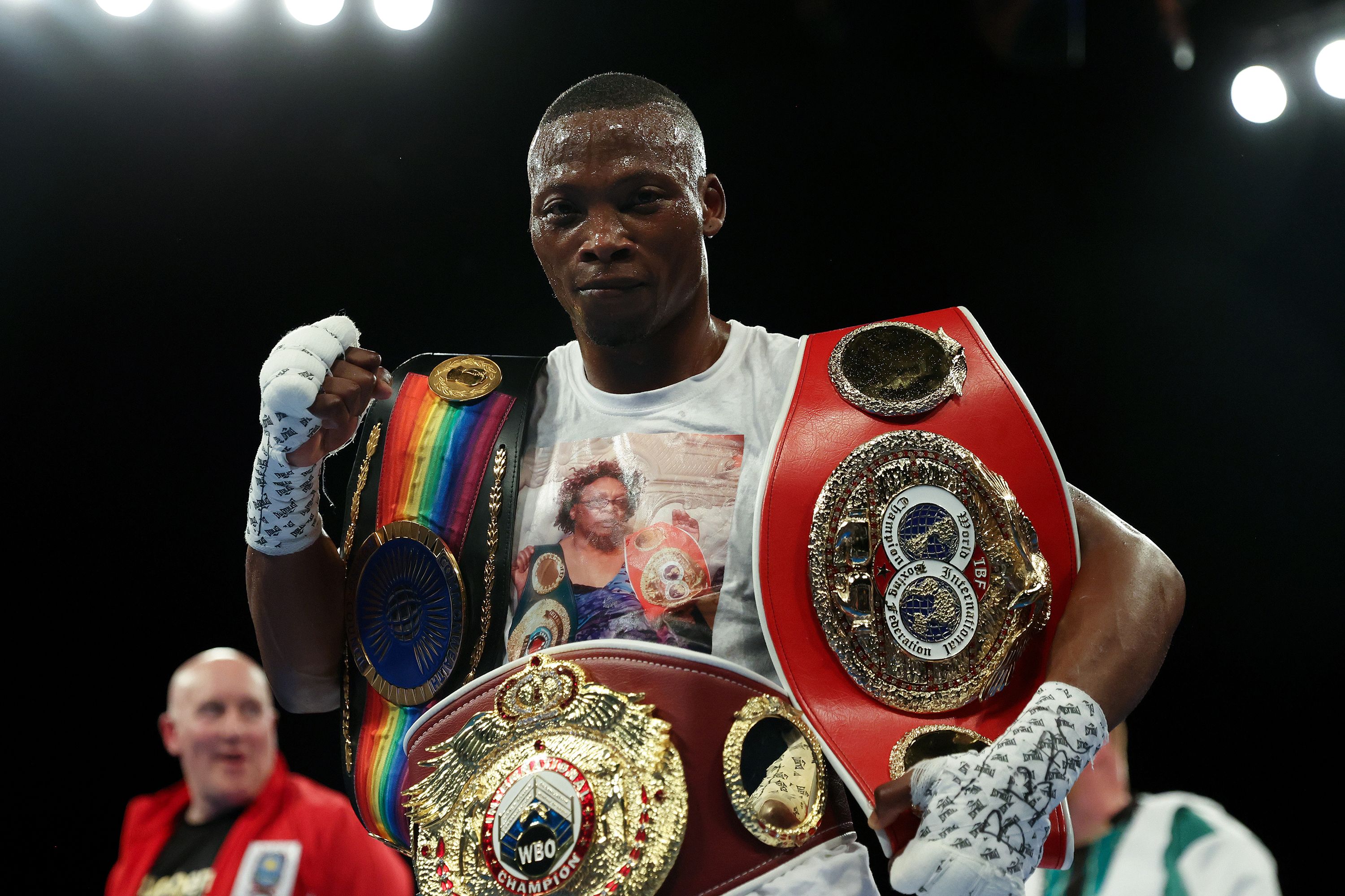 Zolani Tete celebrates with the IBF International and Commonwealth Super Bantamweight belt after knocking out Jason Cunningham in the IBF International and Commonwealth Super Bantamweight Title fight between Jason Cunningham and Zolani Tete at OVO Arena Wembley on July 02, 2022 in London, England.