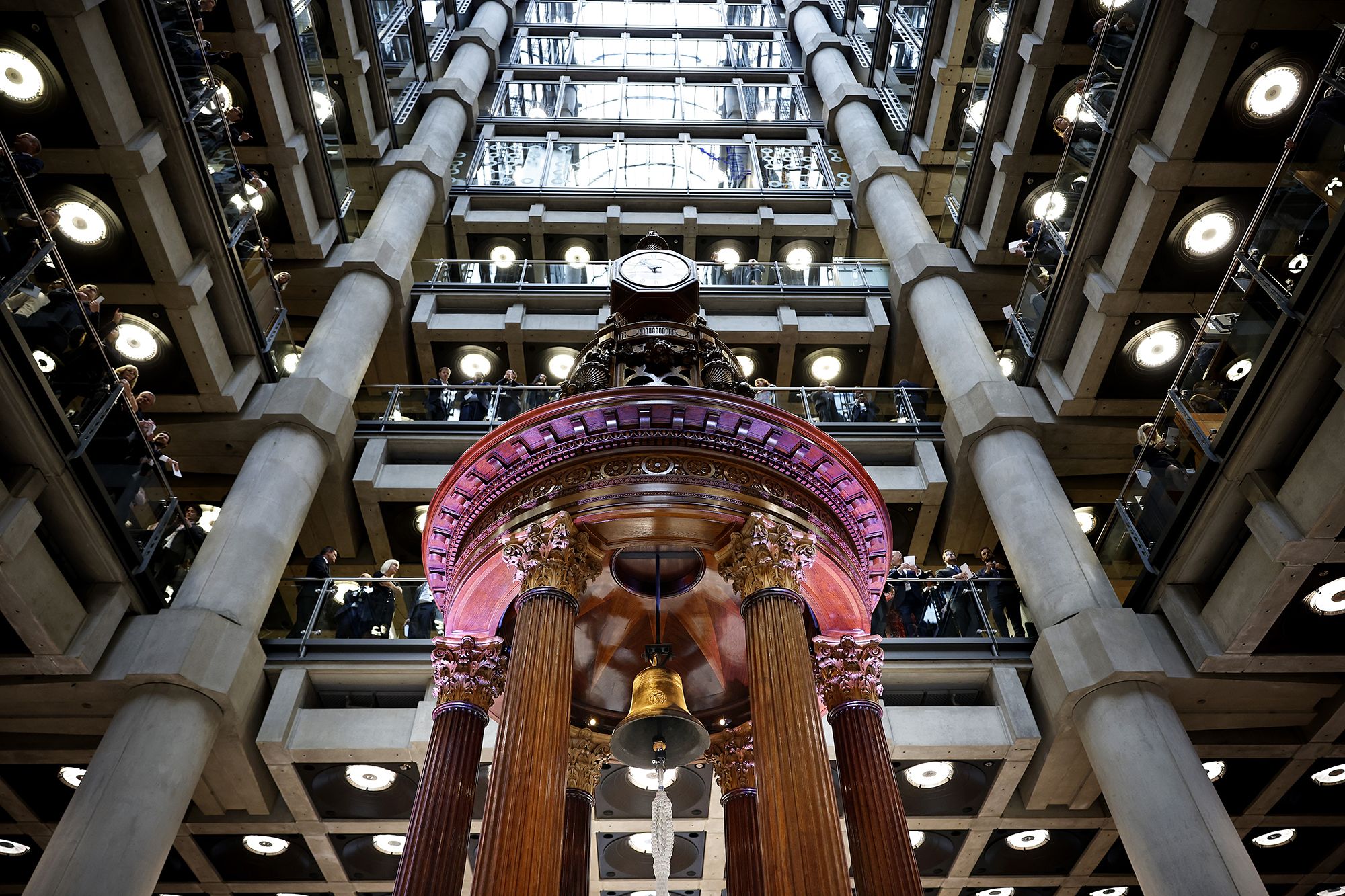 The Lutine Bell hangs in the center of the underwriting room at Lloyd's of London. The bell was recovered in 1858 from the wreck of the HMS Lutine, which sank in 1799.