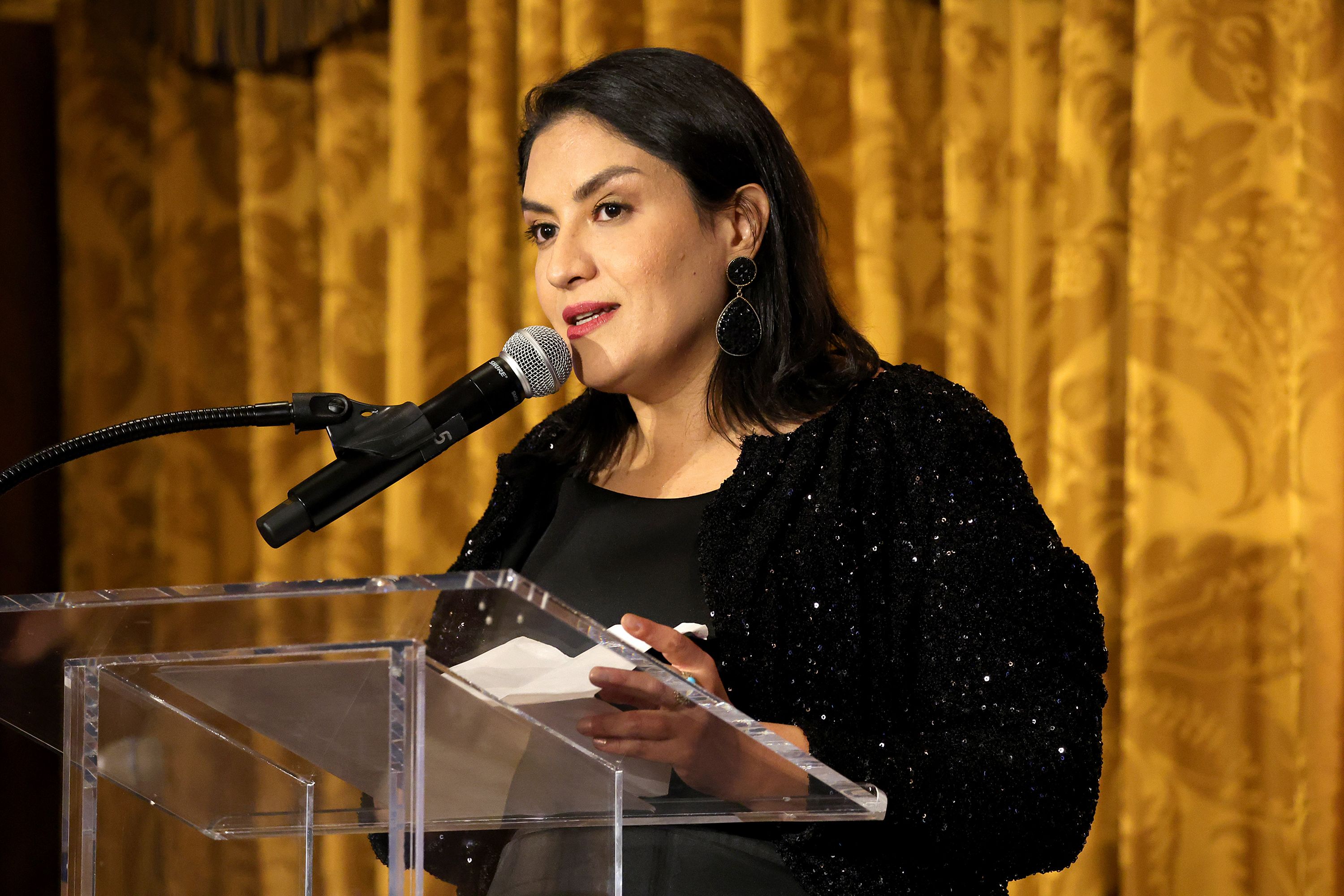 Yalda Moaiery speaks onstage during the IWMF Courage in Journalism Awards in Washington, DC, on October 23, 2023.