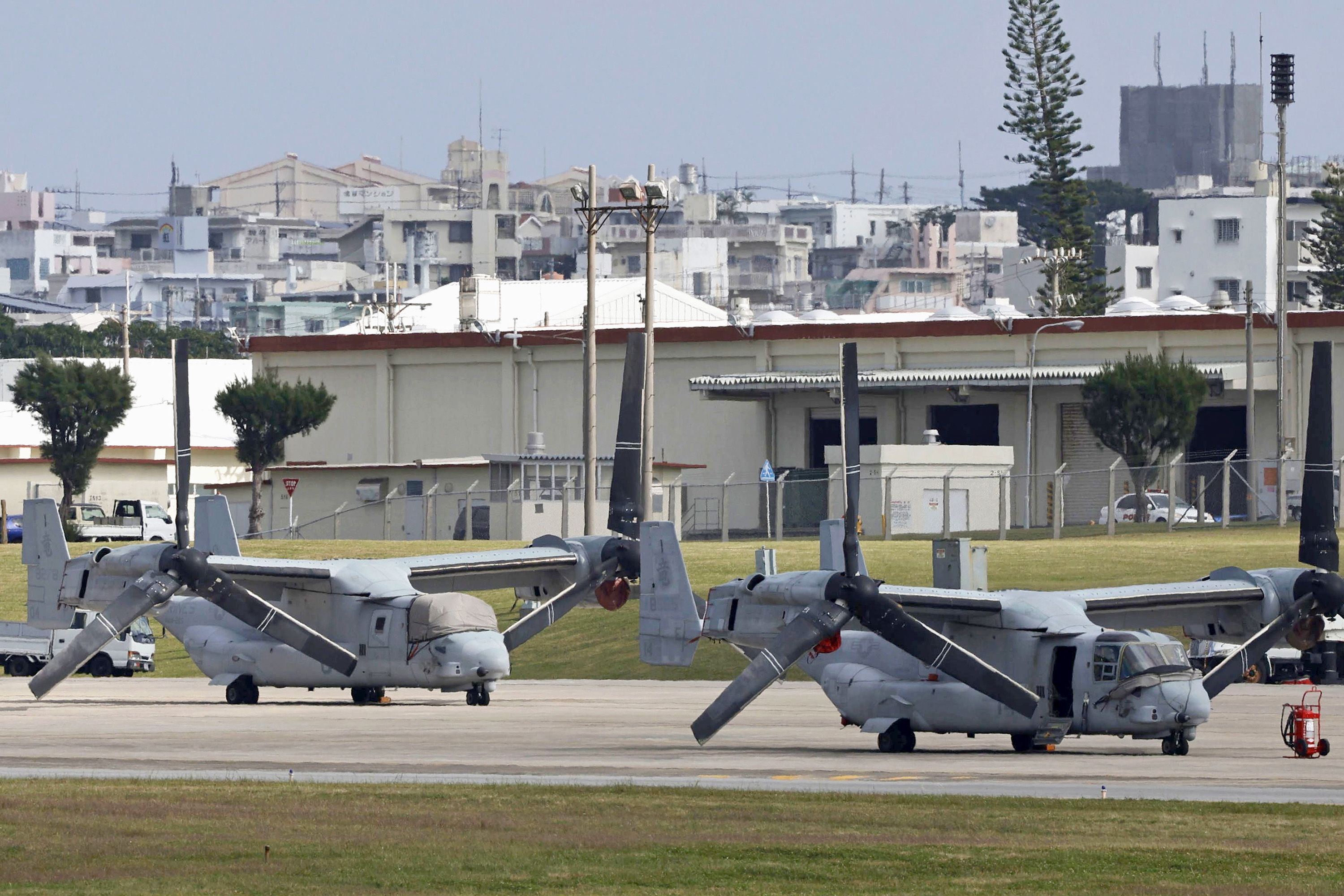 Photo taken on Dec. 19, 2023, shows U.S. military MV-22 Osprey tilt-rotor aircraft parked at U.S. Marine Corps Air Station Futenma in Ginowan in the southern Japan island prefecture of Okinawa.