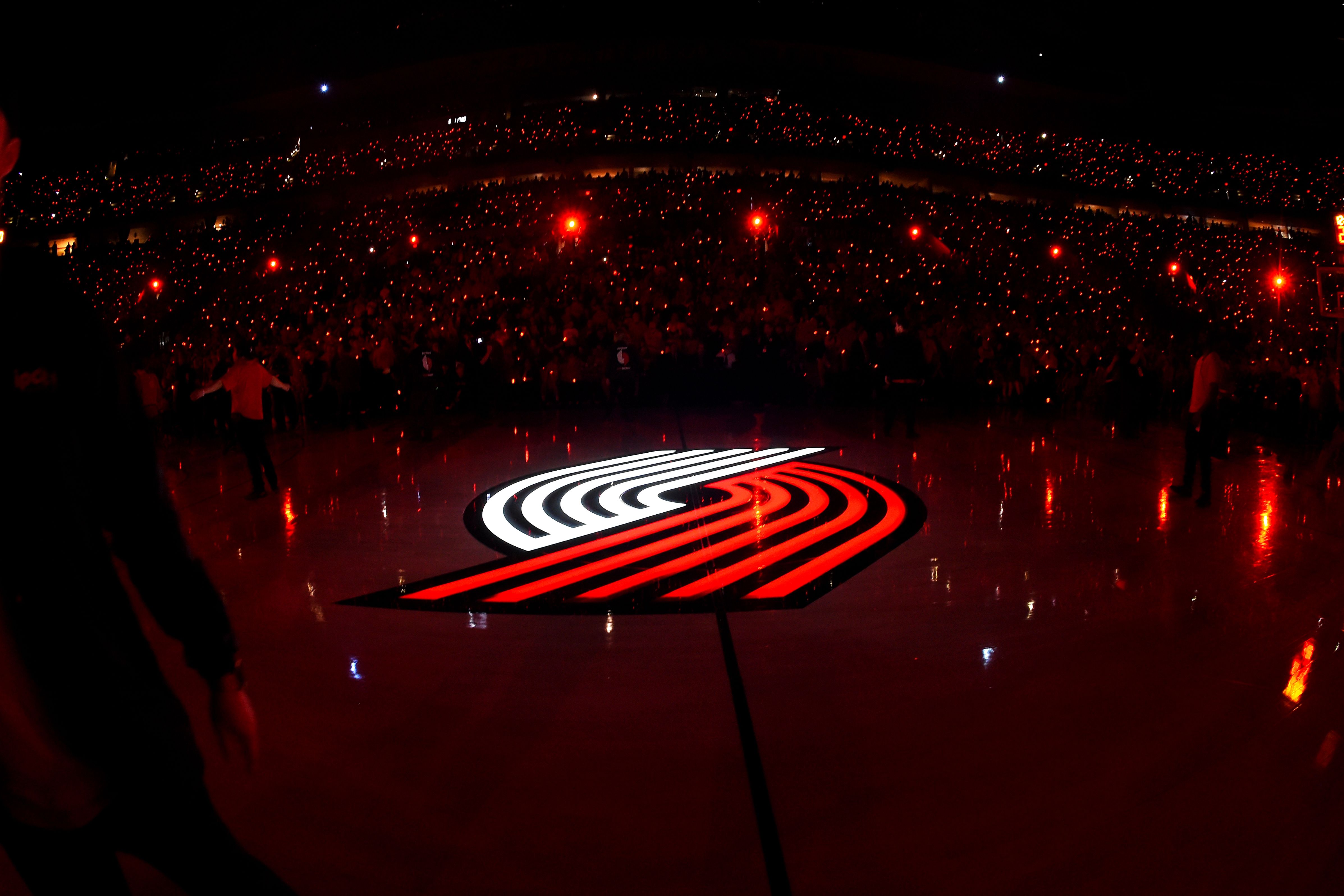 A general view of center court before Game Four of the Western Conference Finals between the Golden State Warriors and the Portland Trail Blazers in May 2019.