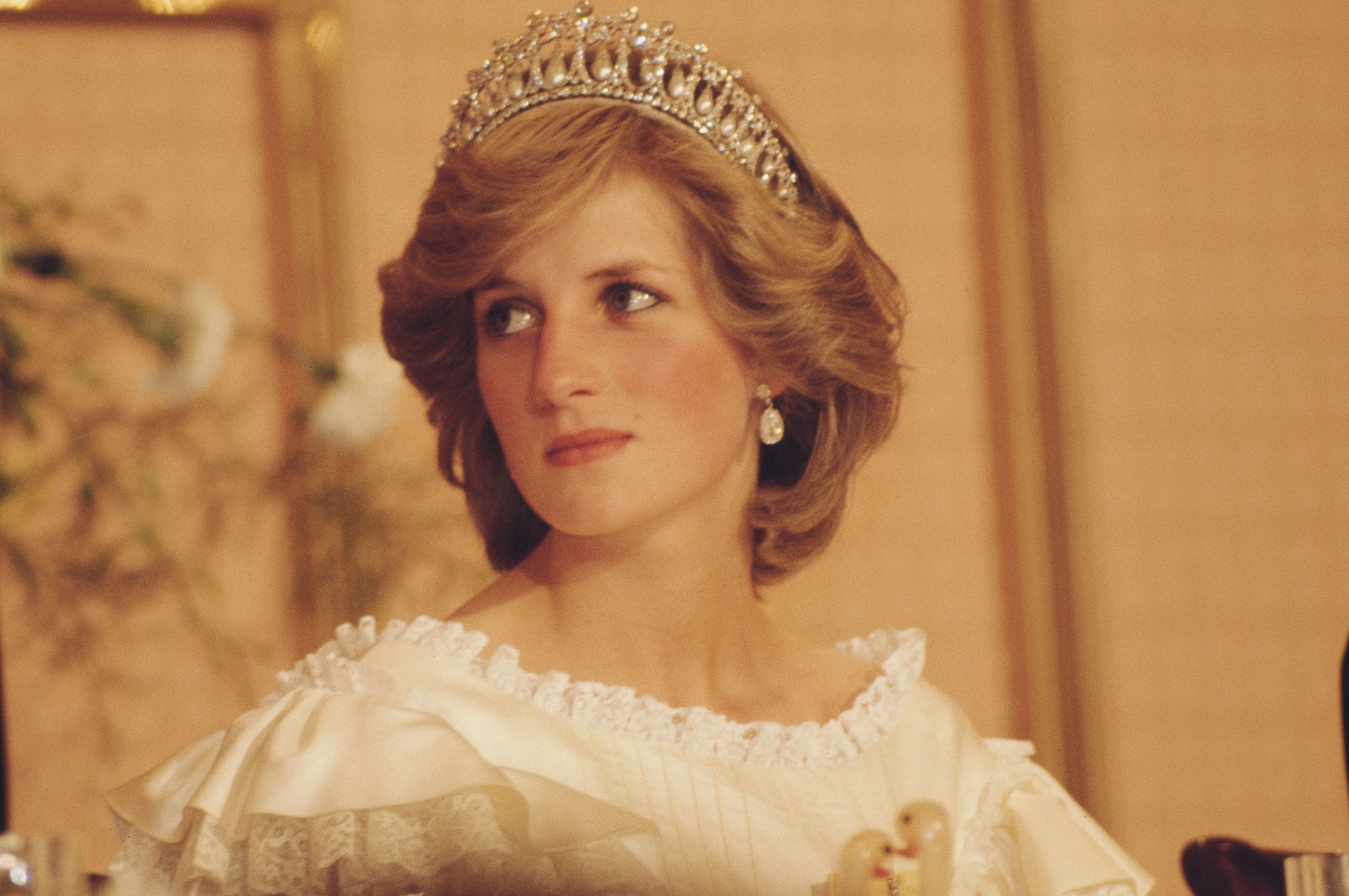 Diana, Princess of Wales, at a farewell state banquet in Auckland at the end of a royal tour of New Zealand in April 1983.