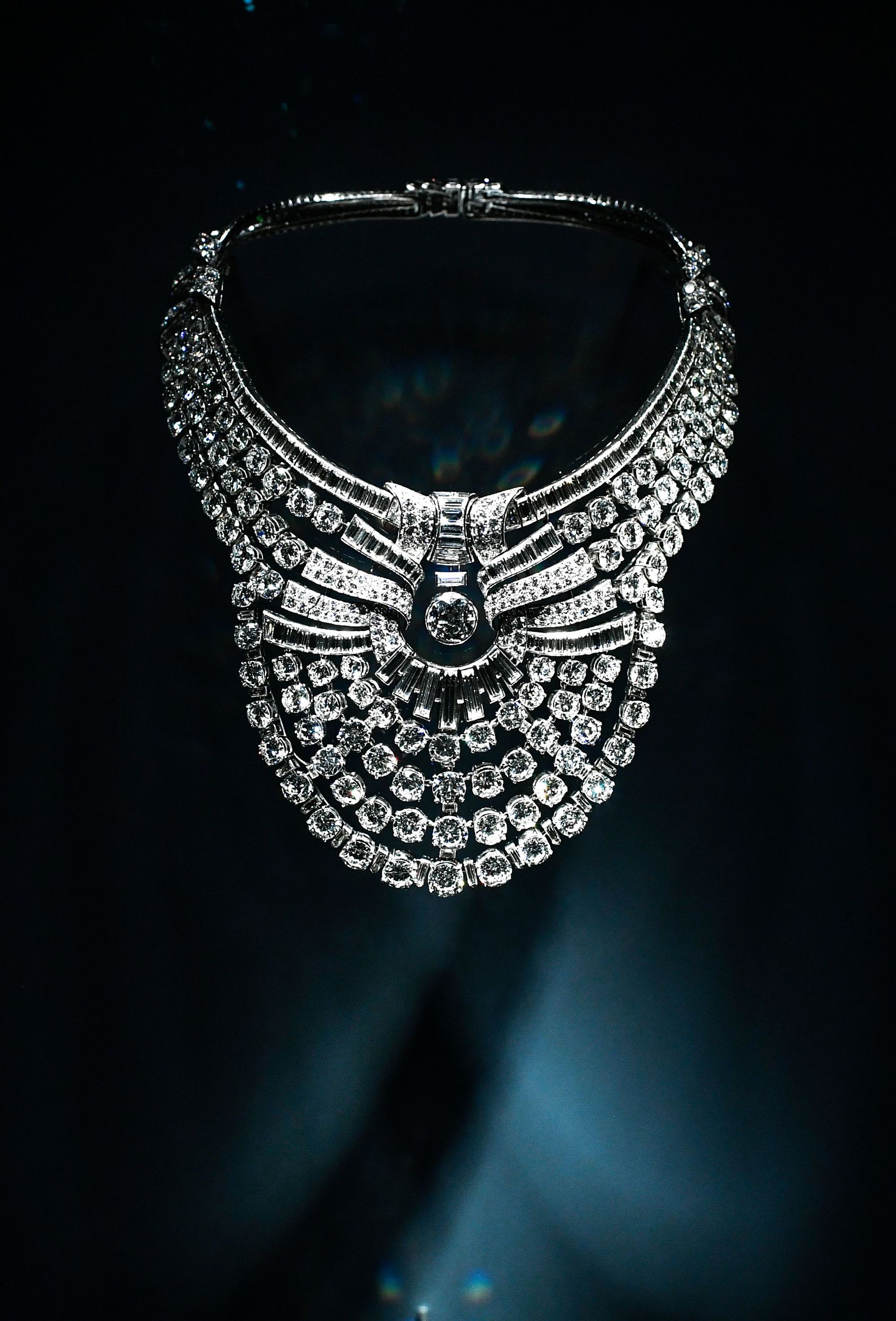 Featuring 673 diamonds, the stolen necklace, pictured here in Paris in 2020, belonged to Queen Nazli of Egypt.