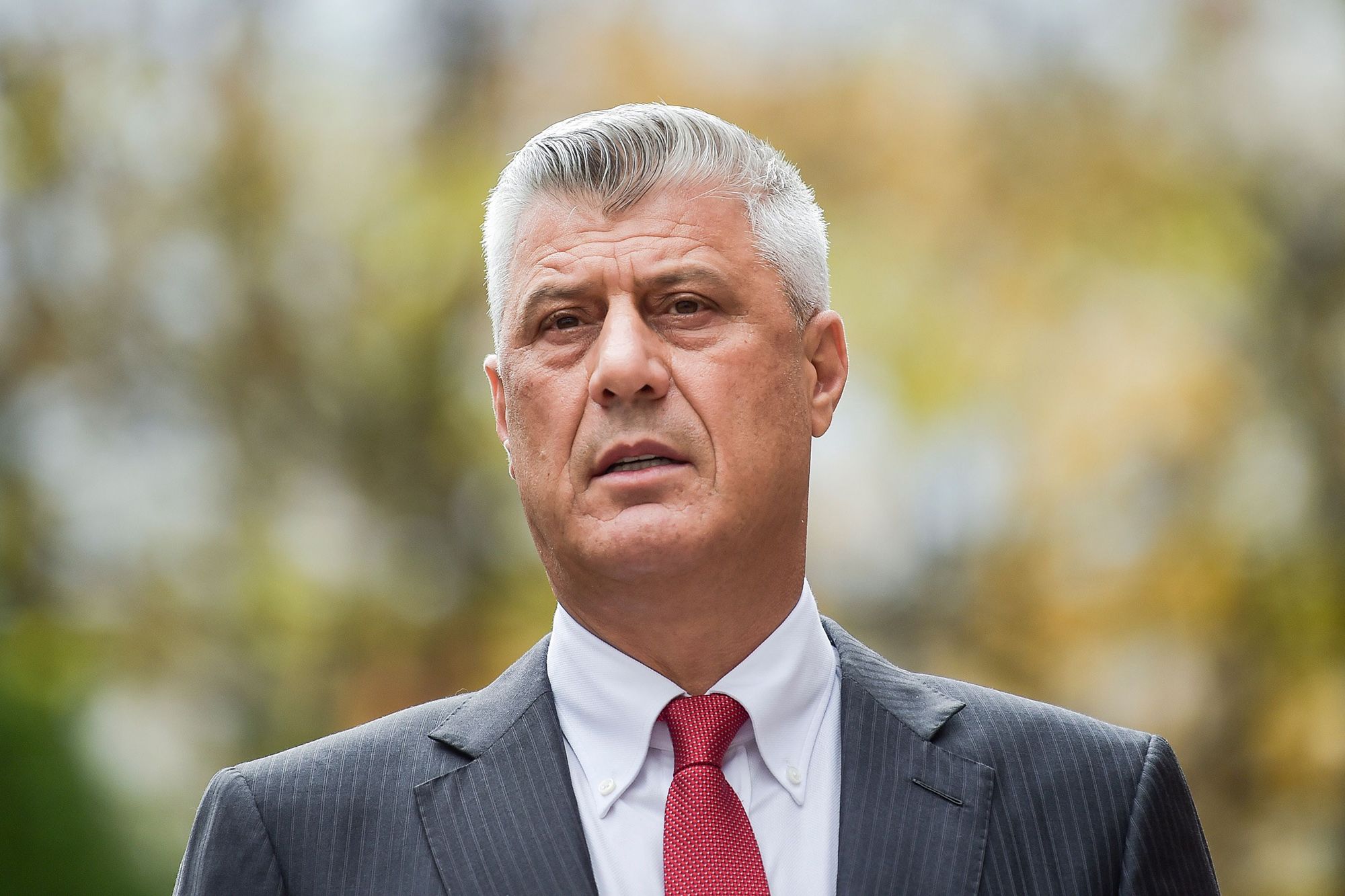 Kosovo President Hashim Thaci speaks during a press conference in Pristina after he resigned to face a war crimes court in The Hague, which confirmed an indictment against him dating back to Kosovo's 1990s conflict with Serbia, on November 5, 2020. (Photo by Armend NIMANI / AFP) (Photo by ARMEND NIMANI/AFP via Getty Images)