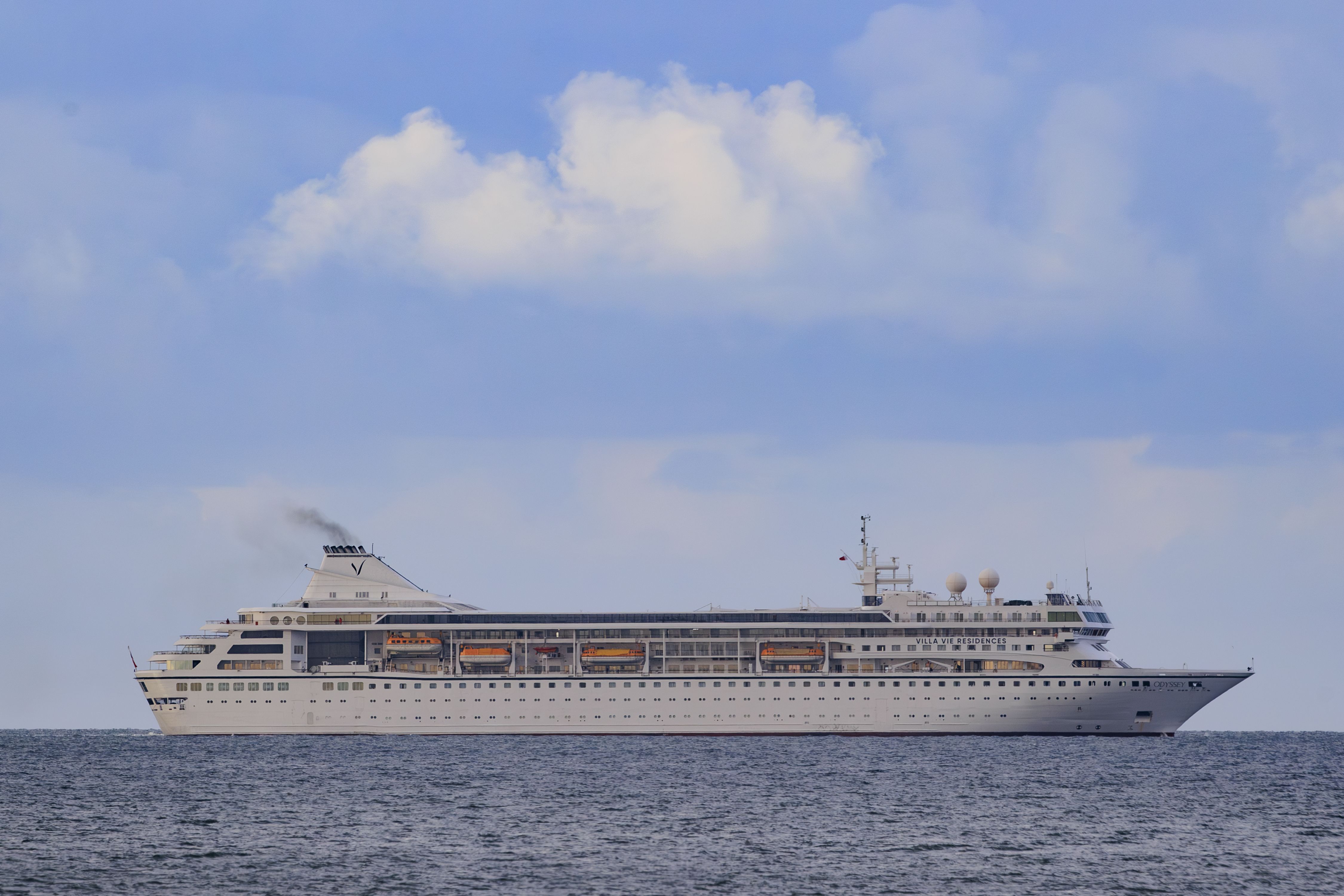 Villa Vie Odyssey cruise ship leaving Belfast Lough after being anchored off the coast on Bangor, Northern Ireland. The luxury cruise ship became marooned in Belfast for four months due to unexpected repair works and has finally got underway. Picture date: Thursday October 3, 2024.