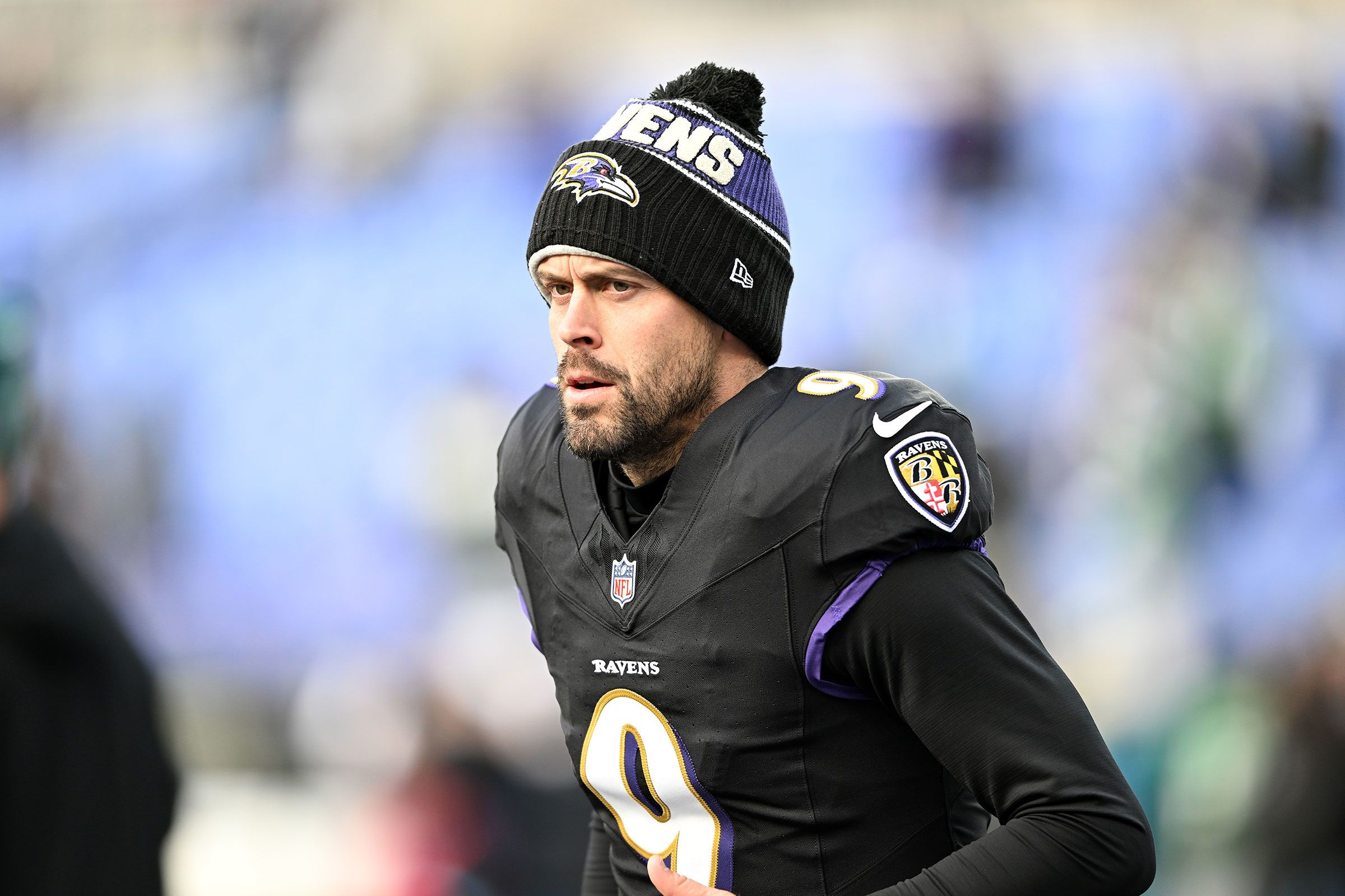 Baltimore Ravens kicker Justin Tucker warms up prior to a game against the Philadelphia Eagles in Baltimore, Maryland, on December 01, 2024.