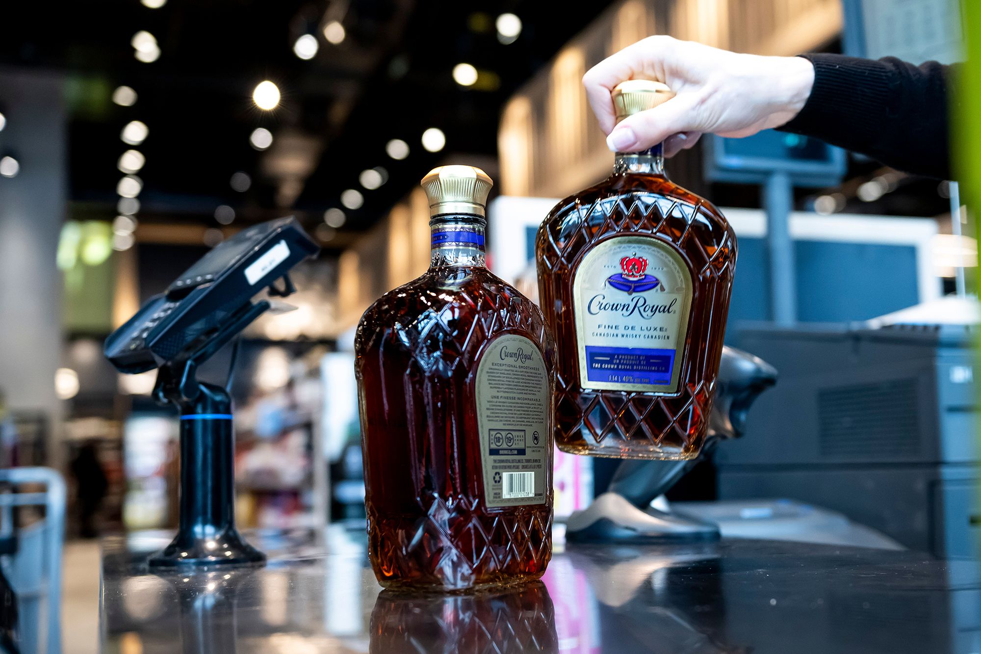 Bottles of Canadian-made Crown Royal whisky at the Liquor Control Board of Ontario Queen's Quay store in Toronto on March 4, 2025.