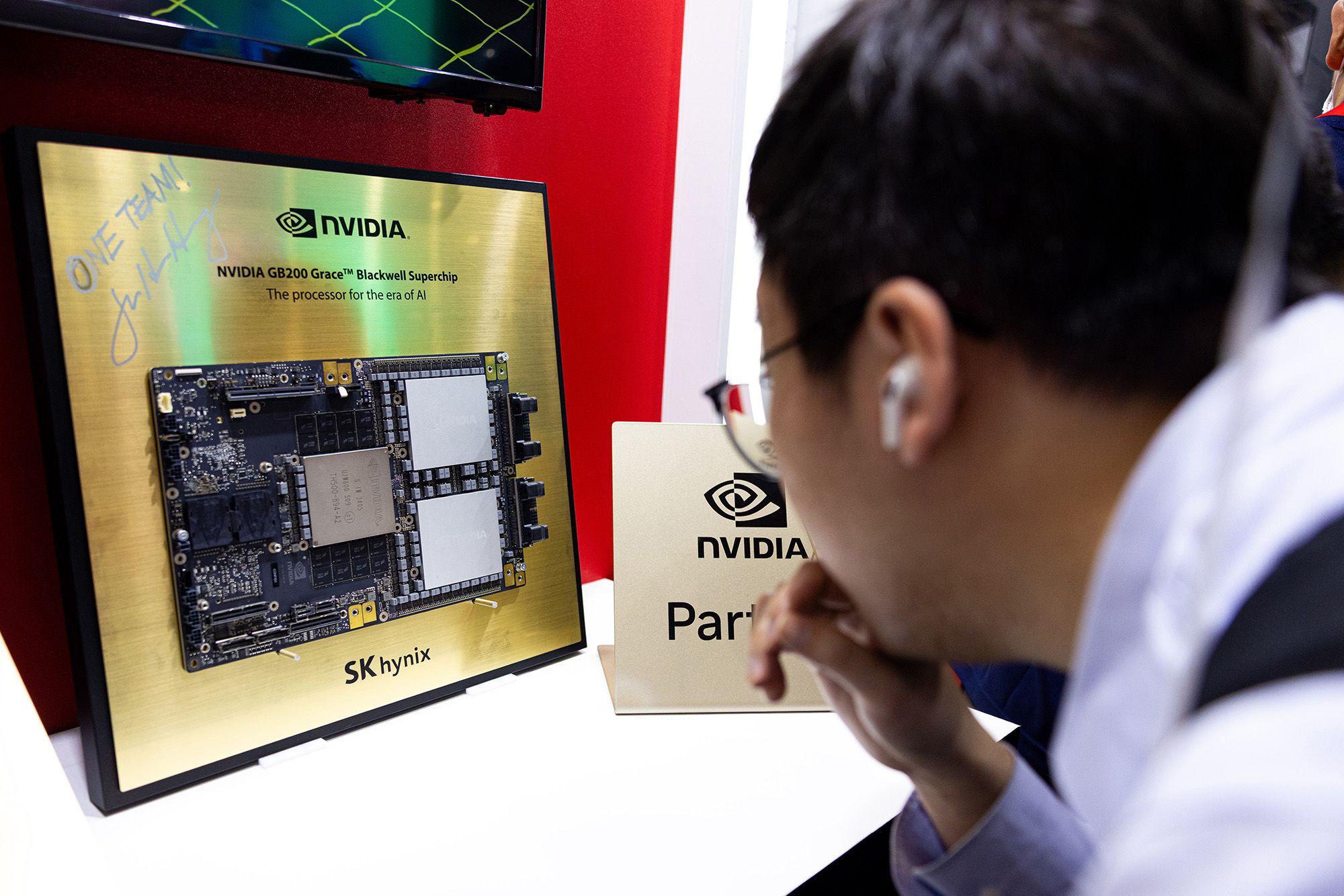 The autograph of Nvidia CEO Jensen Huang is displayed on a superchip during the Computex conference in Taipei, Taiwan, on Wednesday, May 21, 2025.