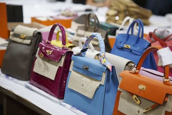 Hermes handbags seized in connection with Singapore's biggest laundering case displayed in Singapore, on Tuesday, August 12, 2025.