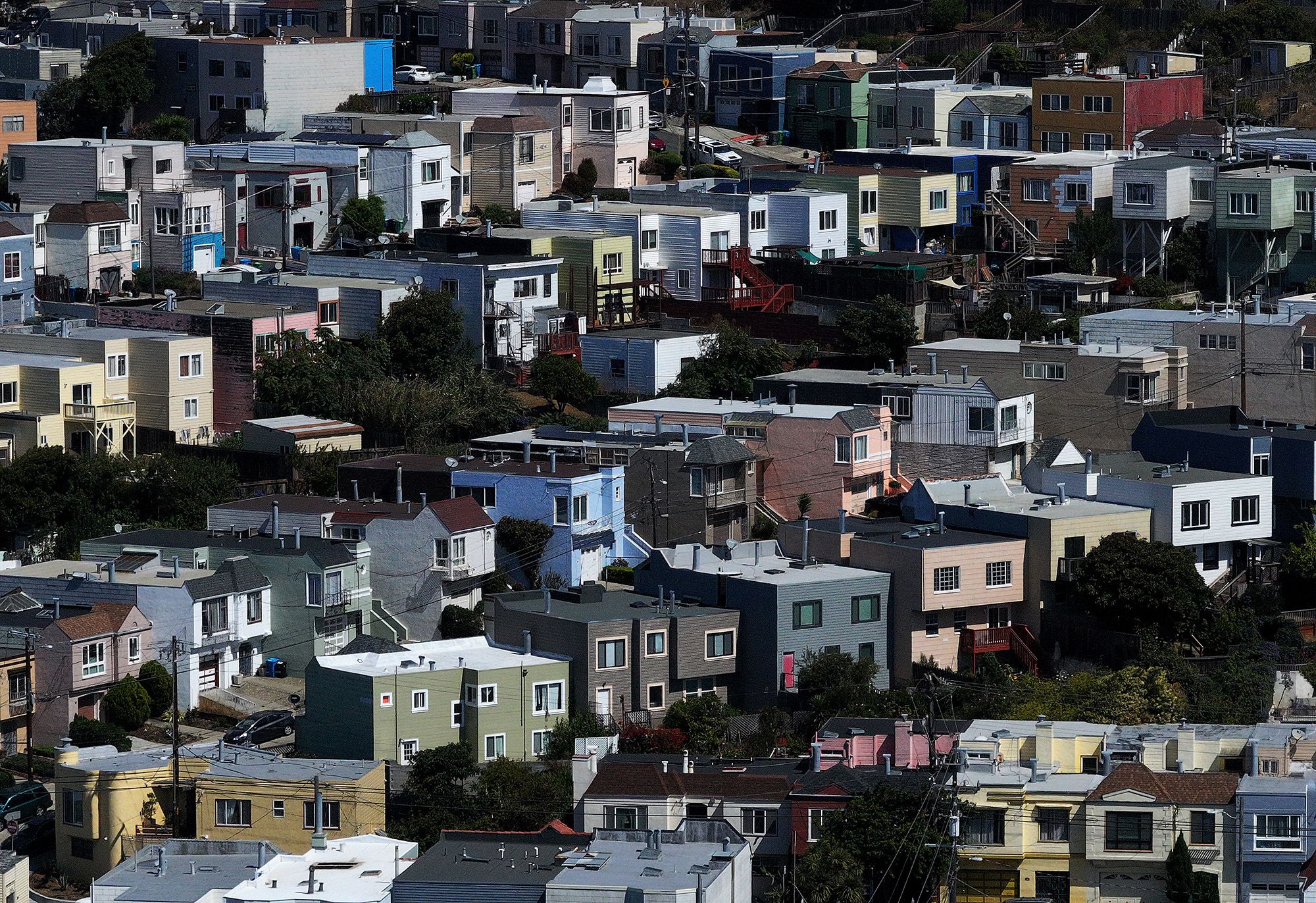 An aerial view of homes in a neighborhood on August 27, 2025 in San Francisco, California.