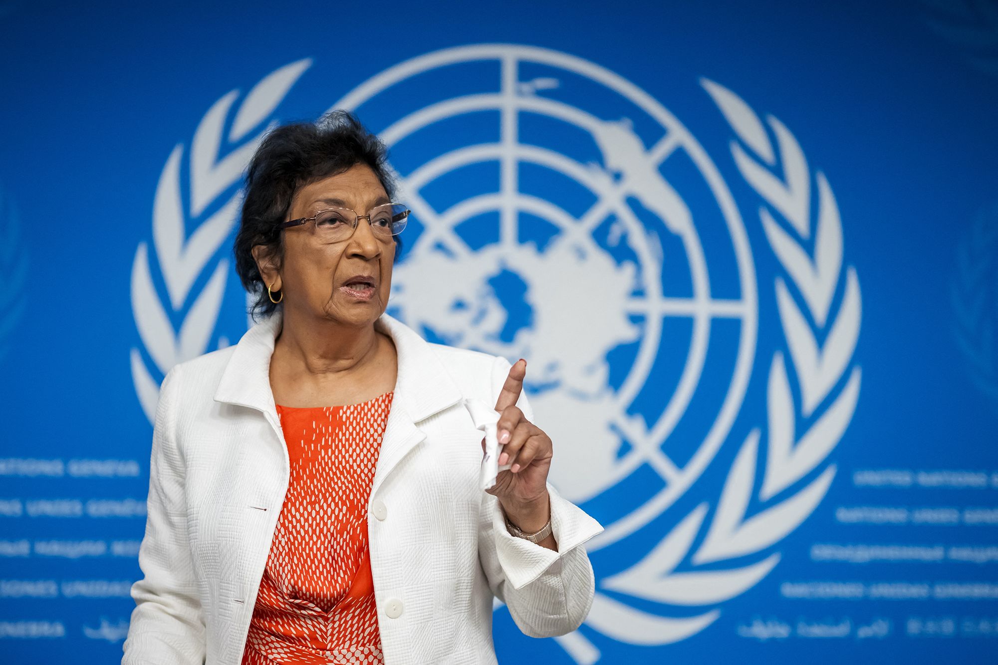 Chair of the Independent International Commission of Inquiry on the Occupied Palestinian Territory, including East Jerusalem, and Israel, South African judge Navi Pillay, gestures after a press conference in Geneva on September 16, 2025. The Inquiry Commission on September 16, 2025 accused Israel of committing "genocide" in Gaza in a bid to "destroy the Palestinians" there, and blamed Israel's prime minister and other top officials for incitement. (Photo by Fabrice COFFRINI / AFP) (Photo by FABRICE COFFRINI/AFP via Getty Images)