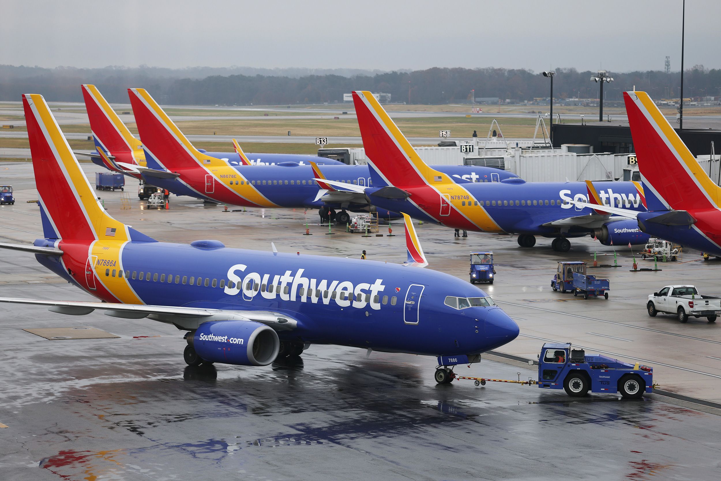 BALTIMORE, MARYLAND - NOVEMBER 26: Airplanes with Southwest Airlines sit on the tarmac at the Baltimore/Washington International Thurgood Marshall Airport on November 26, 2025 in Baltimore, Maryland. Airlines expect up to 31 million travelers to fly during the Thanksgiving holiday between November 21 and December 1. (Photo by Anna Moneymaker/Getty Images)