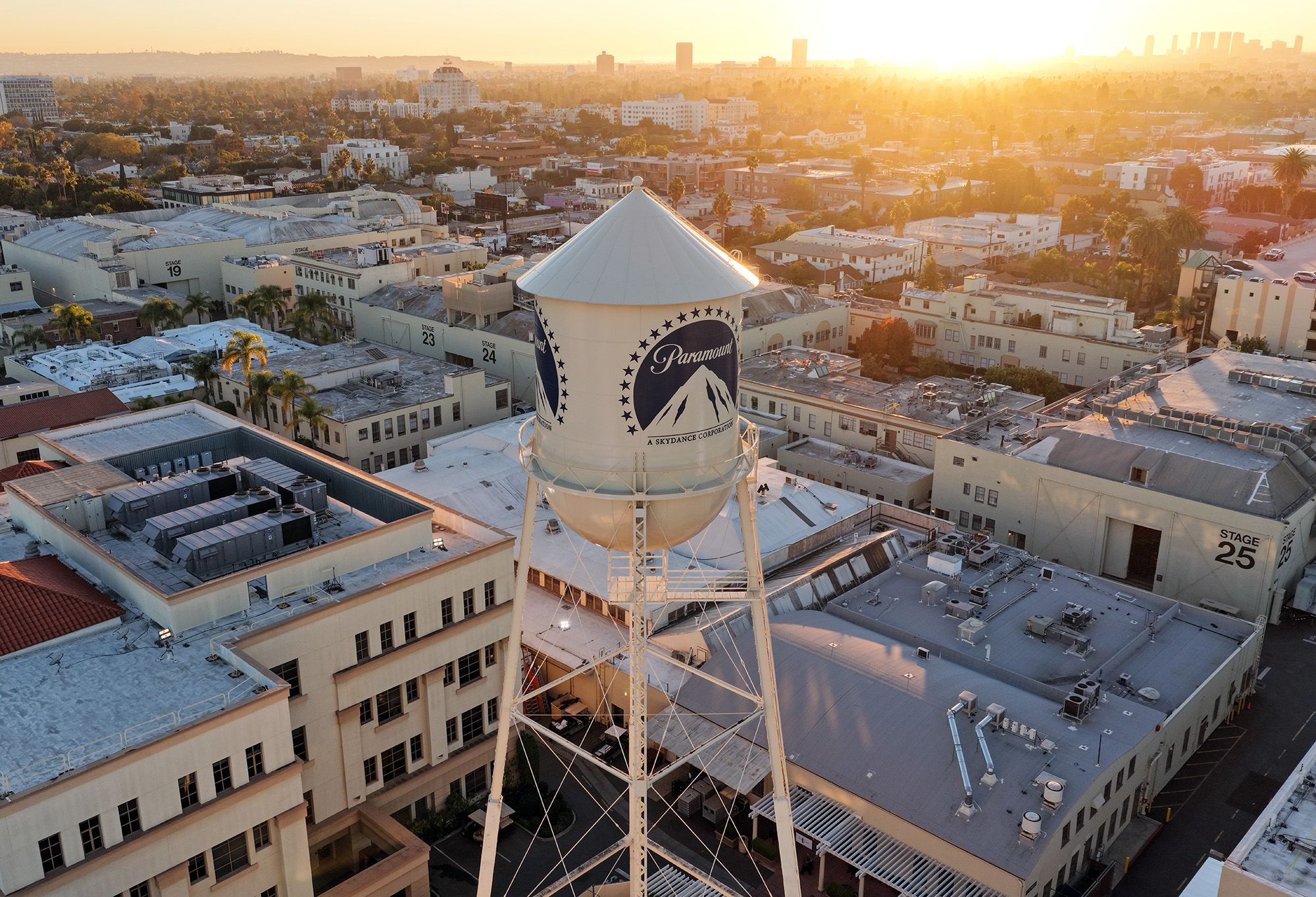 An aerial view of the Paramount logo on the water tower at Paramount Studios on December 8, 2025 in Los Angeles, California.