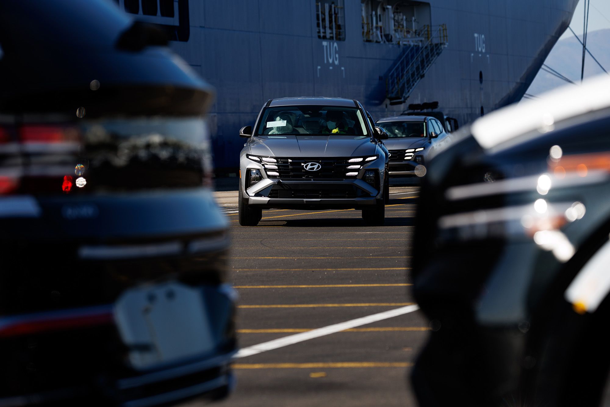 A Hyundai Tucson SUVs bound for export at a port in Ulsan, South Korea. American buyers turned to Korean and Japanese automakers as they looked for fuel-efficient cars.